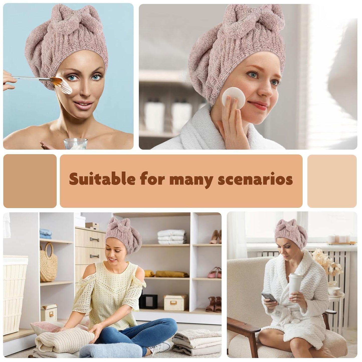 SUNLAND Large Microfiber Hair Drying Caps with Bow knot Fast Drying Shower Cap Soft and Absorbent hairWrap Hair Turban Bath Caps for Curly Thick and wet Hair 11 X 13.4 inch 2 Pack Brown
