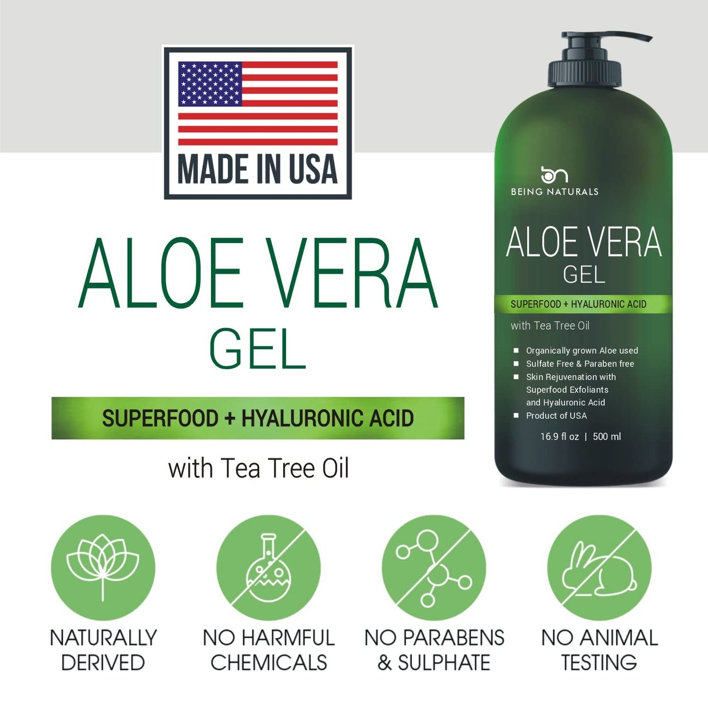 Aloe vera Gel - from 100% Pure Organic Aloe - Natural Raw Moisturizer for Face, Body, Hair. Perfect for Sunburn, Acne, Razor Bumps 16.9 fl oz (Tea Tree, Superfood, Hyaluronic Acid)