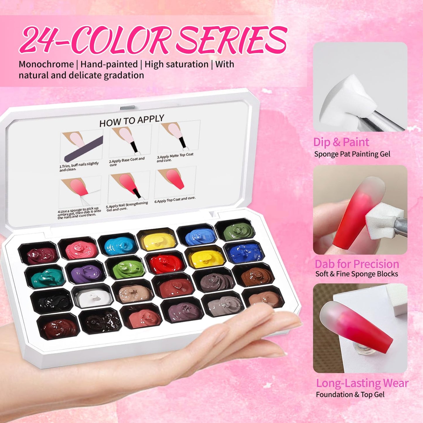 24 Colors Ombre Gel Nail Polish Set,Ombre Pigment for Nails,Gradient Painting Gel with 100Pcs Nail Sponges for 3D Gels Nail Art can be Painted in Salon or Home Use