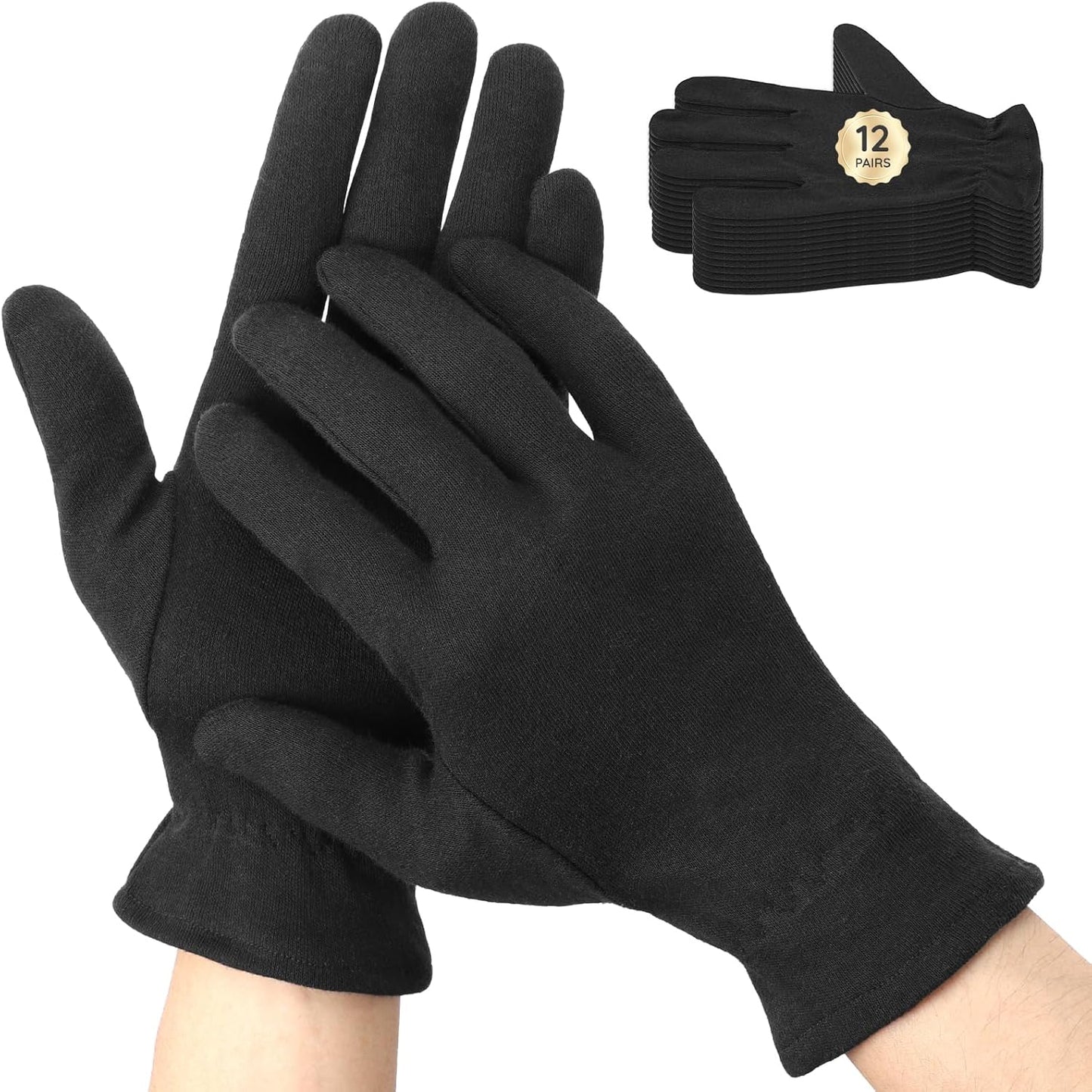 Segbeauty 24 Counts Elastic Black Cotton Gloves for Dry Hands, 12 Pairs Overnight Moisture Lotion Cotton Gloves with Elastic Band for Sleeping Driving Typing, Home Spa Sleep Glove Reusable Soft Glove