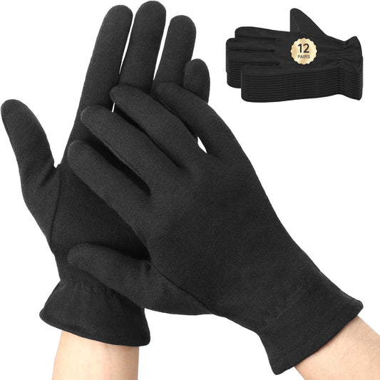Segbeauty 24 Counts Elastic Black Cotton Gloves for Dry Hands, 12 Pairs Overnight Moisture Lotion Cotton Gloves with Elastic Band for Sleeping Driving Typing, Home Spa Sleep Glove Reusable Soft Glove