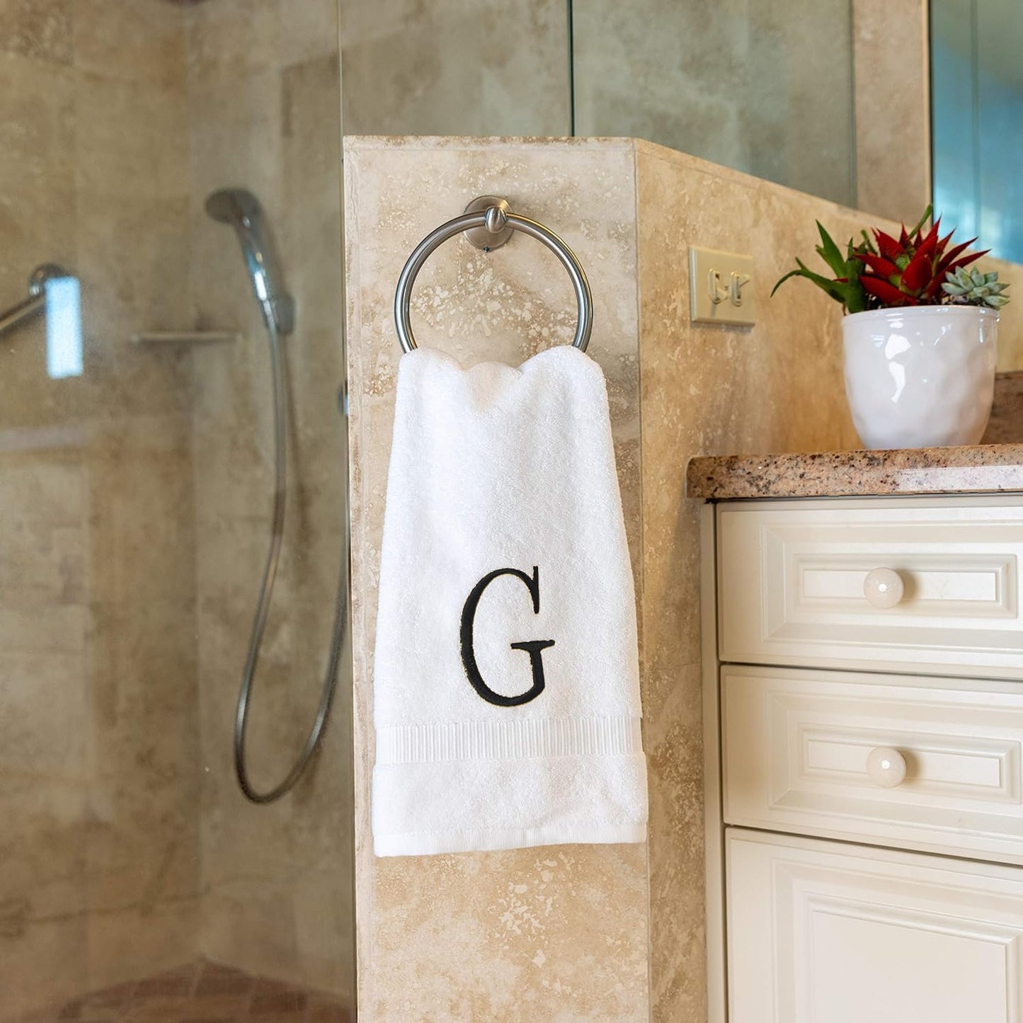 Black Powder Room Hand Towel - Monogram Initial Hotel Quality Decorative Embroidered Luxury Towel for Spa - GOTS Organic Certified - Pack of 2, Letter G