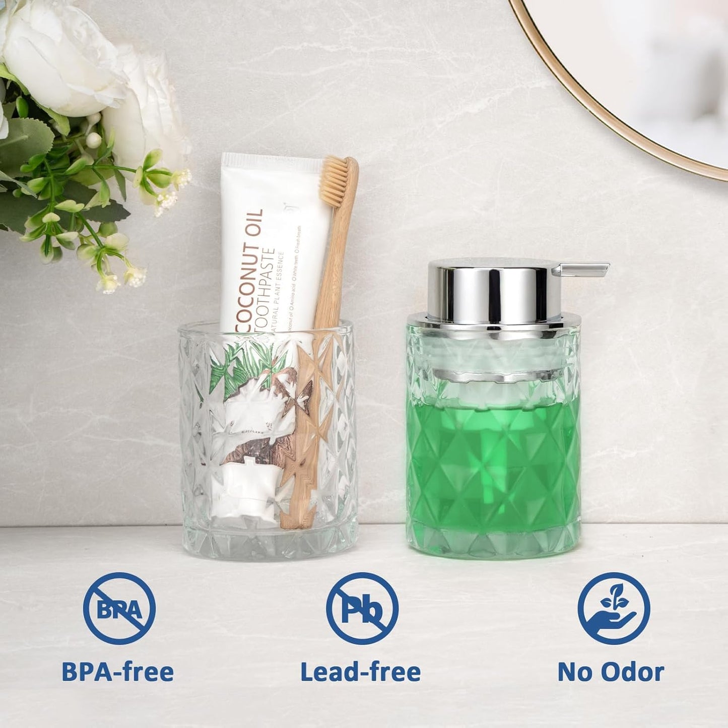 Bathroom Glass Soap Dispenser with Durable Rust-Proof Plastic Foam Pump Hand Lotion Dispenser Antislip Shampoo Kitchen 10oz 2 Pack
