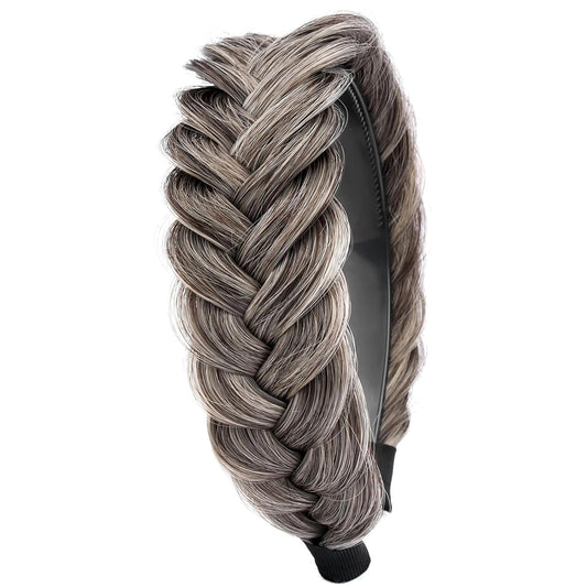 DIGUAN Wide Messy Braided Headband With Teeth Synthetic Hair Plaited Headband High Elasticity Braids Chunky Fishtail Braided Hair Band Hairpiece for Girls Women Beauty Accessory (Gray Brown)