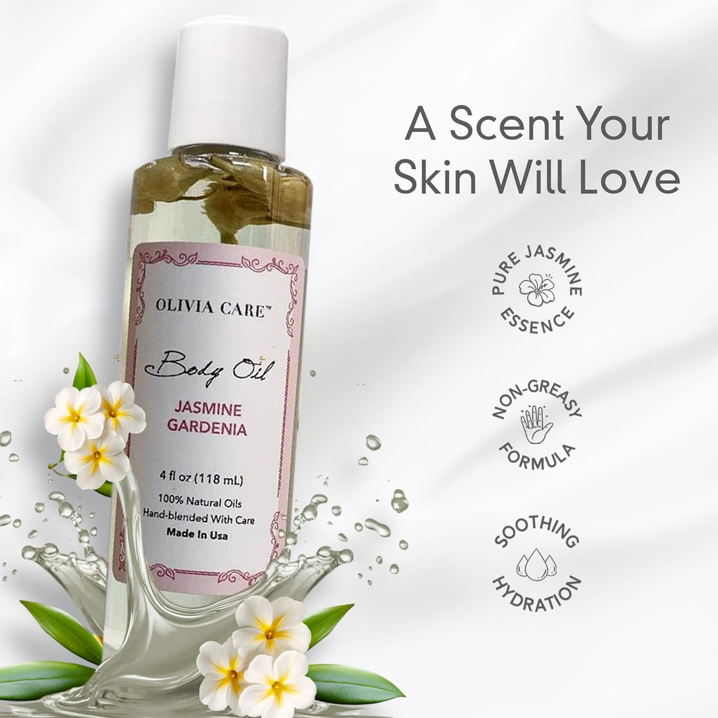 Olivia Care Jasmine Gardenia Body Oil Vegan & Natural Oil For Women | Hydrating & Moisturizing After Bath Oil - with VITAMIN E, K & Omega Fatty Acids Reduce Dry Skin - 4 OZ