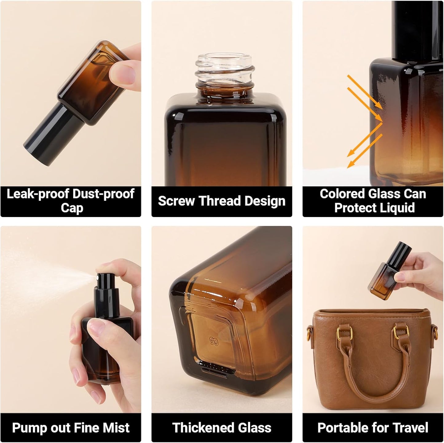 Segbeauty 1oz Fine Mist Amber Glass Spray Bottles, 2pcs Small Travel Size Spray Bottle Refillable Liquid Containers, 30ml Mini Glass Cosmetic Bottles for Travel, Empty Perfume Bottle Atomizer Sprayer