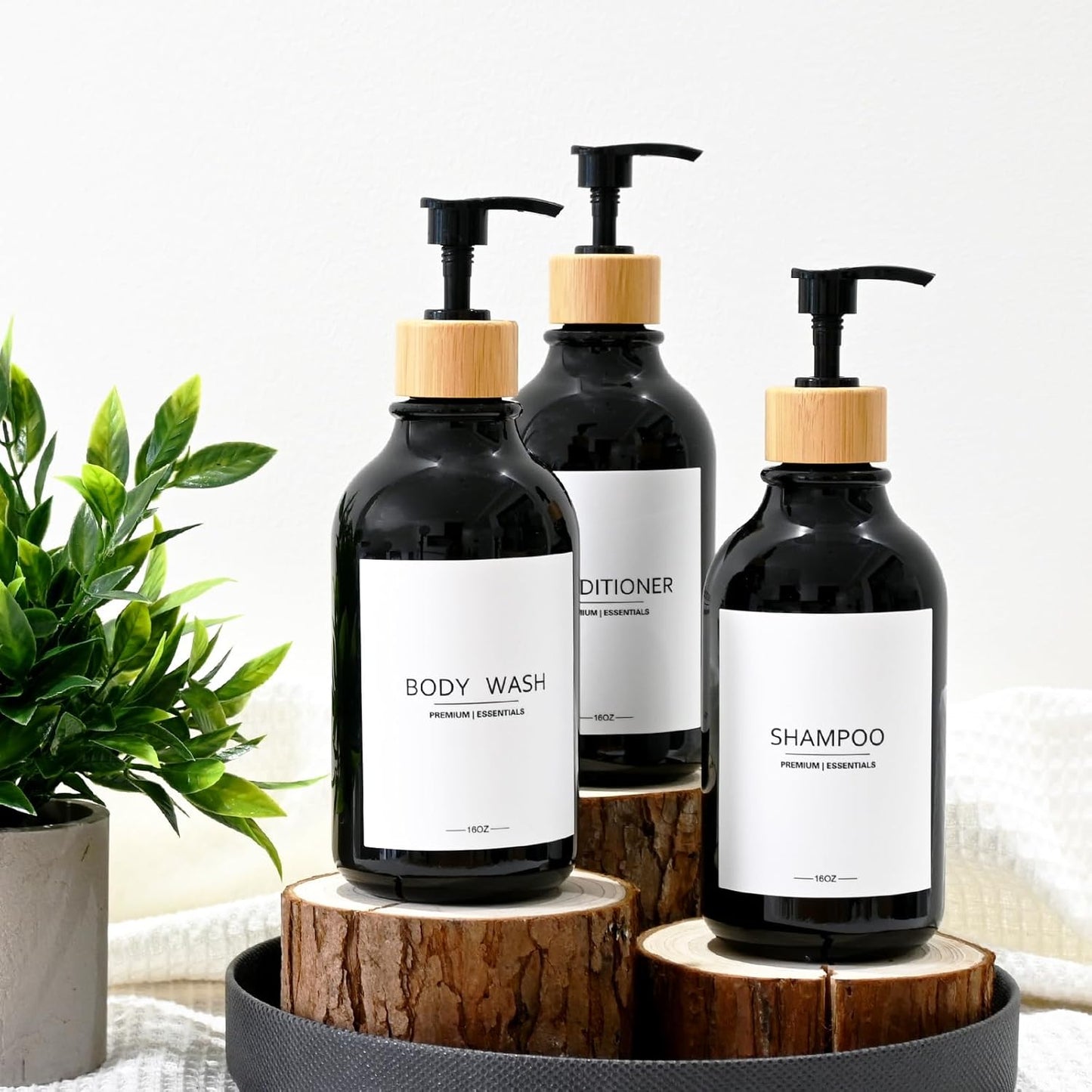 Shower Shampoo and Conditioner Bottles, Apothecary Dispenser Bamboo Pump, Refillable Bottles for Lotion Oil Hand Soap and Dish Soap, Plastic Set (3 Bottles 9 Labels) (3, Black)