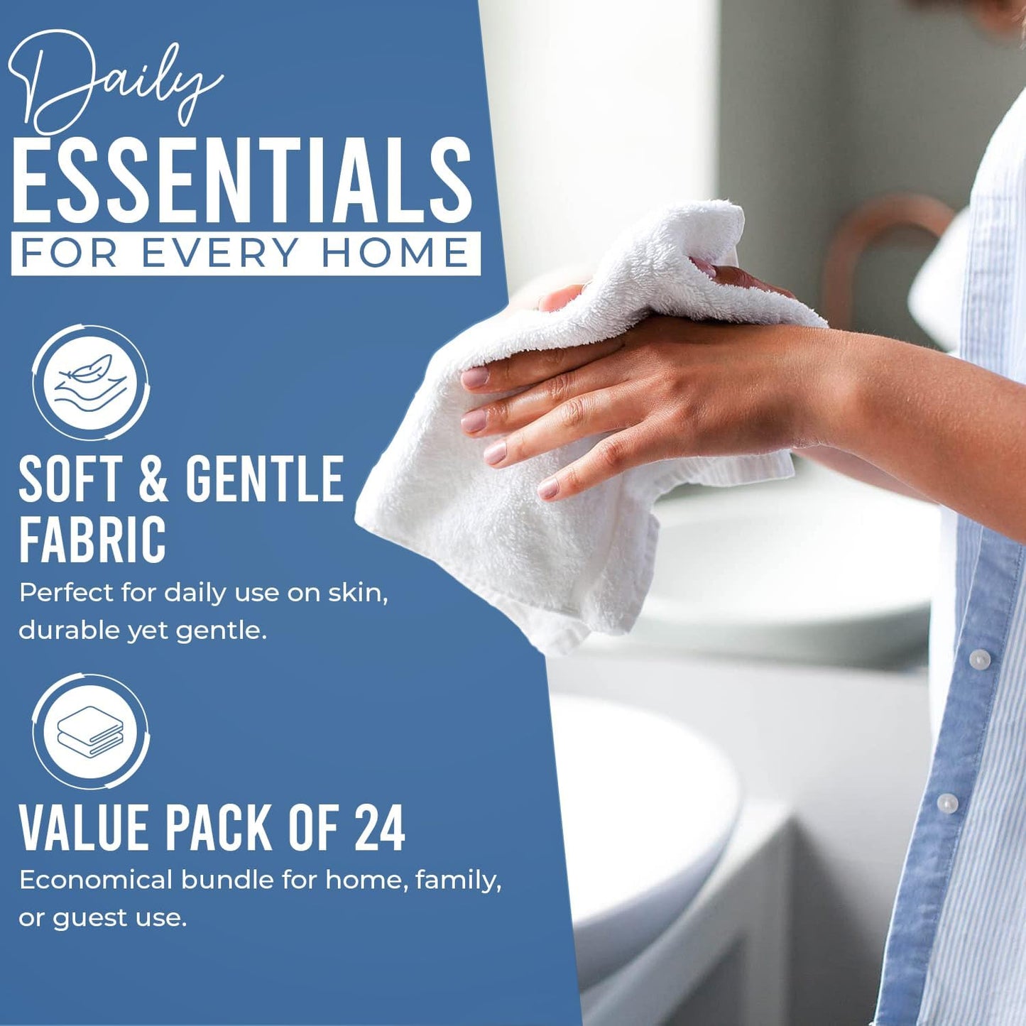 DAN RIVER 100% Cotton Wash Cloths 24 Pack [12x12] Soft & Absorbent wash rag, Gym, Hotels & Spa Perfect for Everyday Use Fingertip Towels, M-Blue