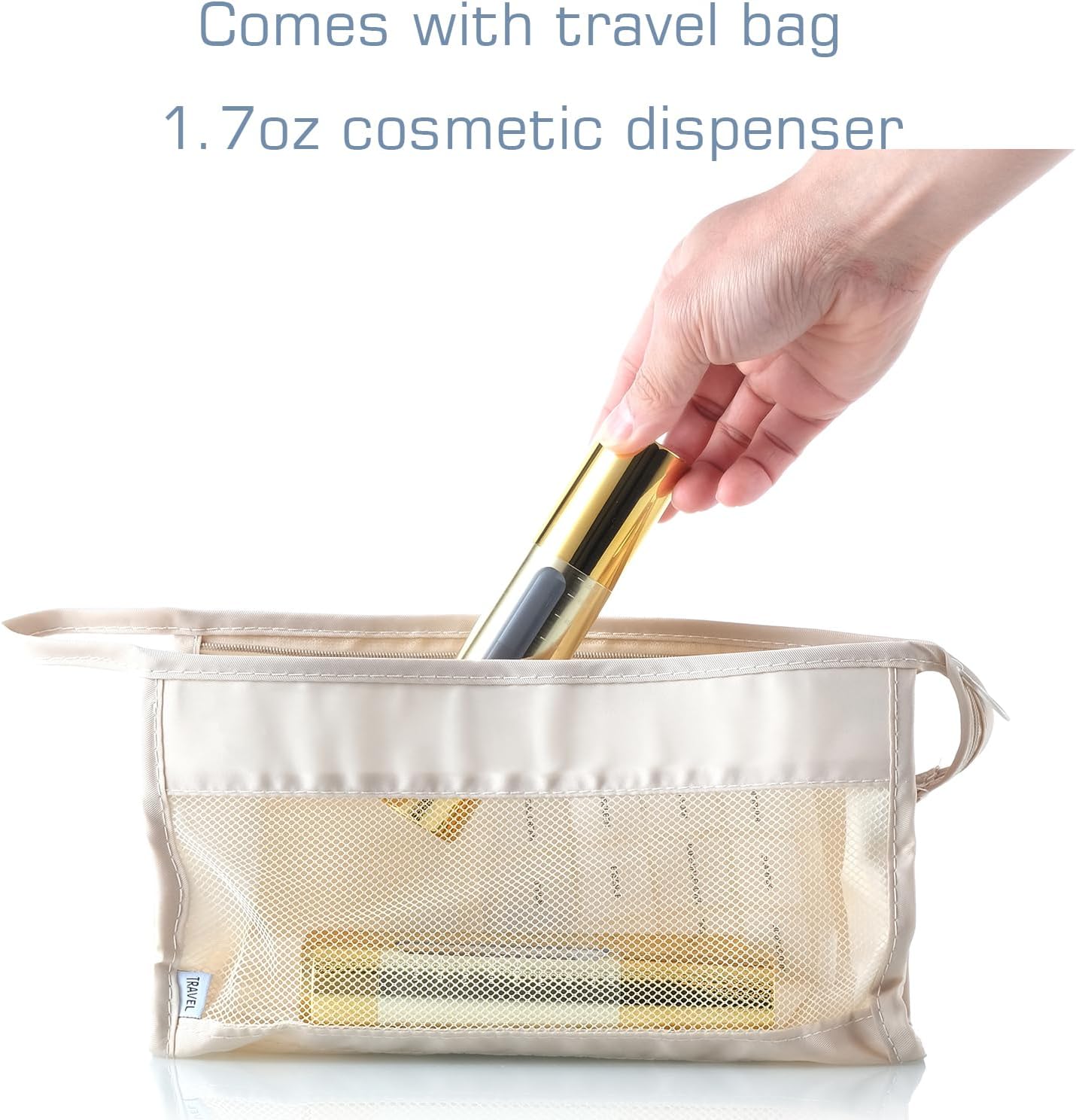 Gold, empty cosmetic pump bottle with travel bag, refillable, vacuum pump bottle for lotion, toner, foundation make-up, hair oil, hand sanitizer and other liquids, 7 pieces (1.7 oz/50ml)