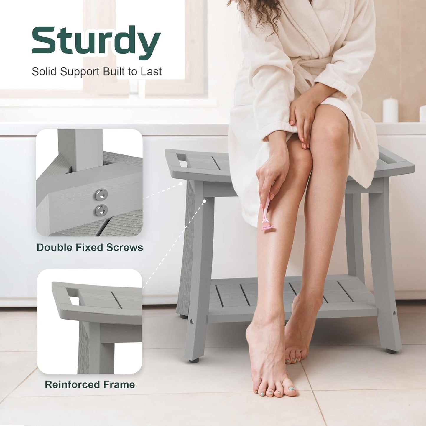 HIPS Shower Benches for Inside Shower, Waterproof Shower Stool with Storage Shelf & Adjustable Feet, SPA Bathroom Seat Chair for Shaving Legs, Indoor or Outdoor Use, Grey