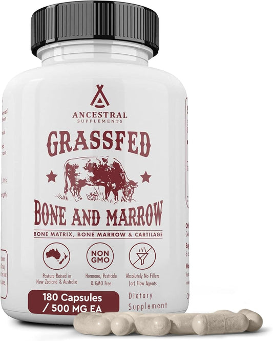Ancestral Supplements Grass Fed Beef Bone and Marrow Supplement, 3000mg, Skin, Oral Health, and Joint Support Supplement, Promotes Whole-Body Wellness, Non GMO Whole Bone Extract, 180 Capsules