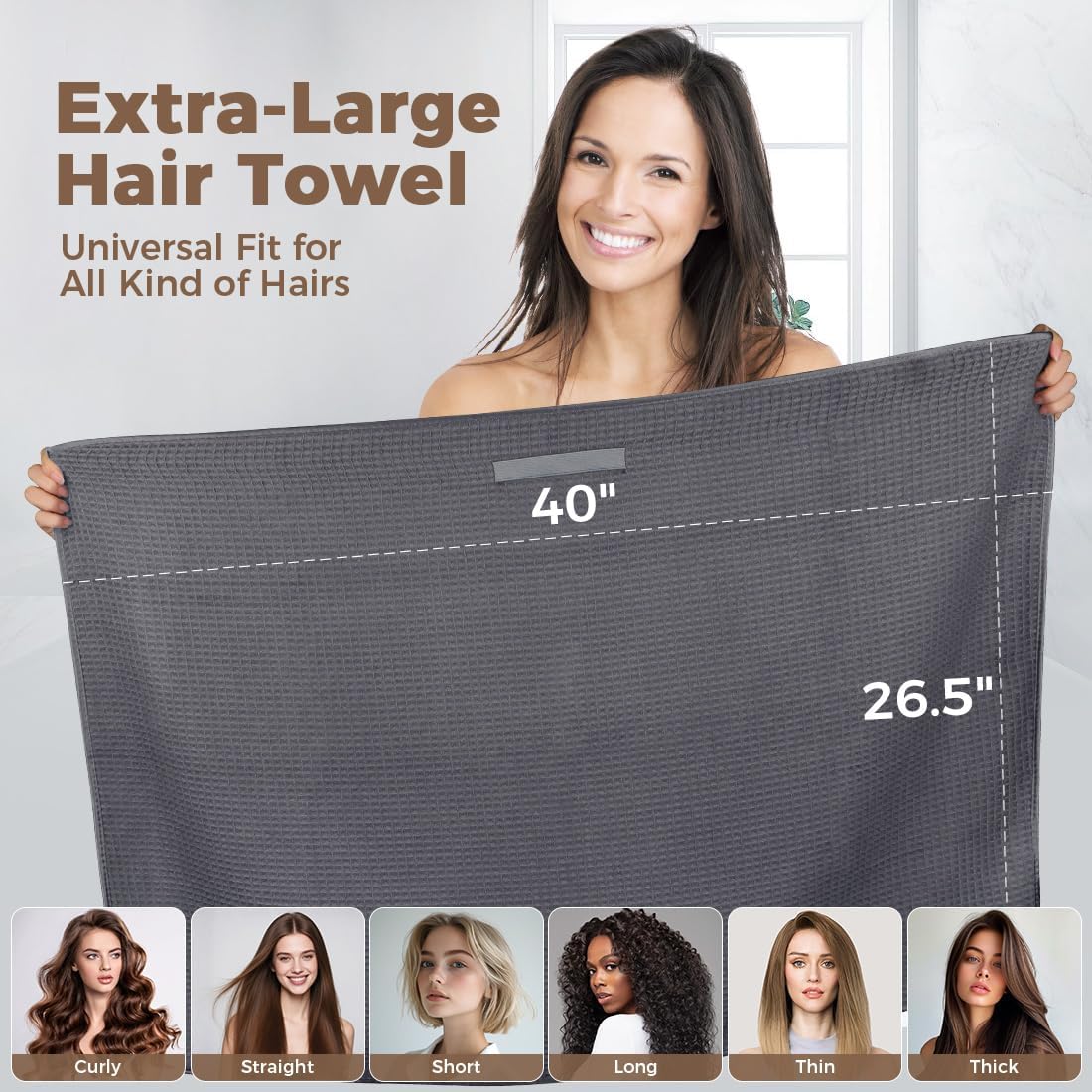 HOMEXCEL 2 Pack XL Microfiber Hair Towels Waffle Weave- 40 x 26.5 inches Fast Drying Turbans for Long, Thick, Curly Hair - Anti Frizz Wrap with Elastic Strap, Black/Grey