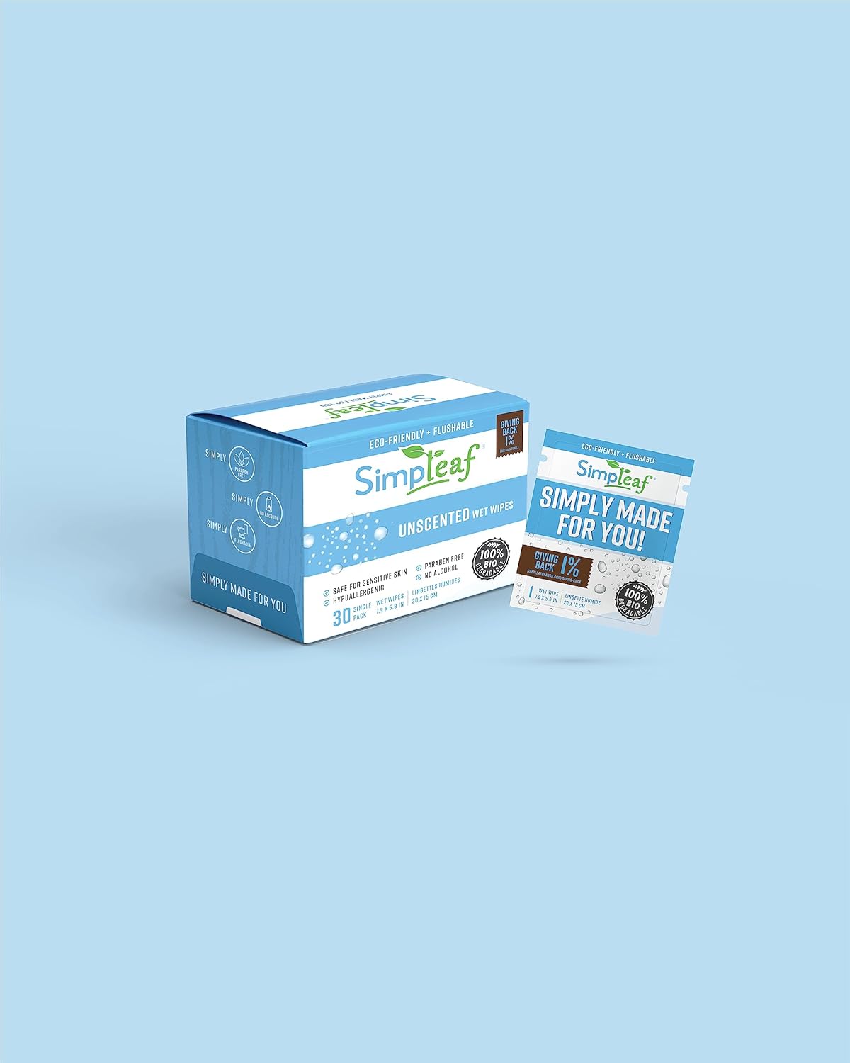 Simpleaf Flushable Unscented Single Pack Wet Wipes | Eco-Friendly Paraben & Alcohol Free | Hypoallergenic & Safe for Sensitive Skin | Soothing Aloe Vera Formula | (30 x 4 Single Pack Wipes)