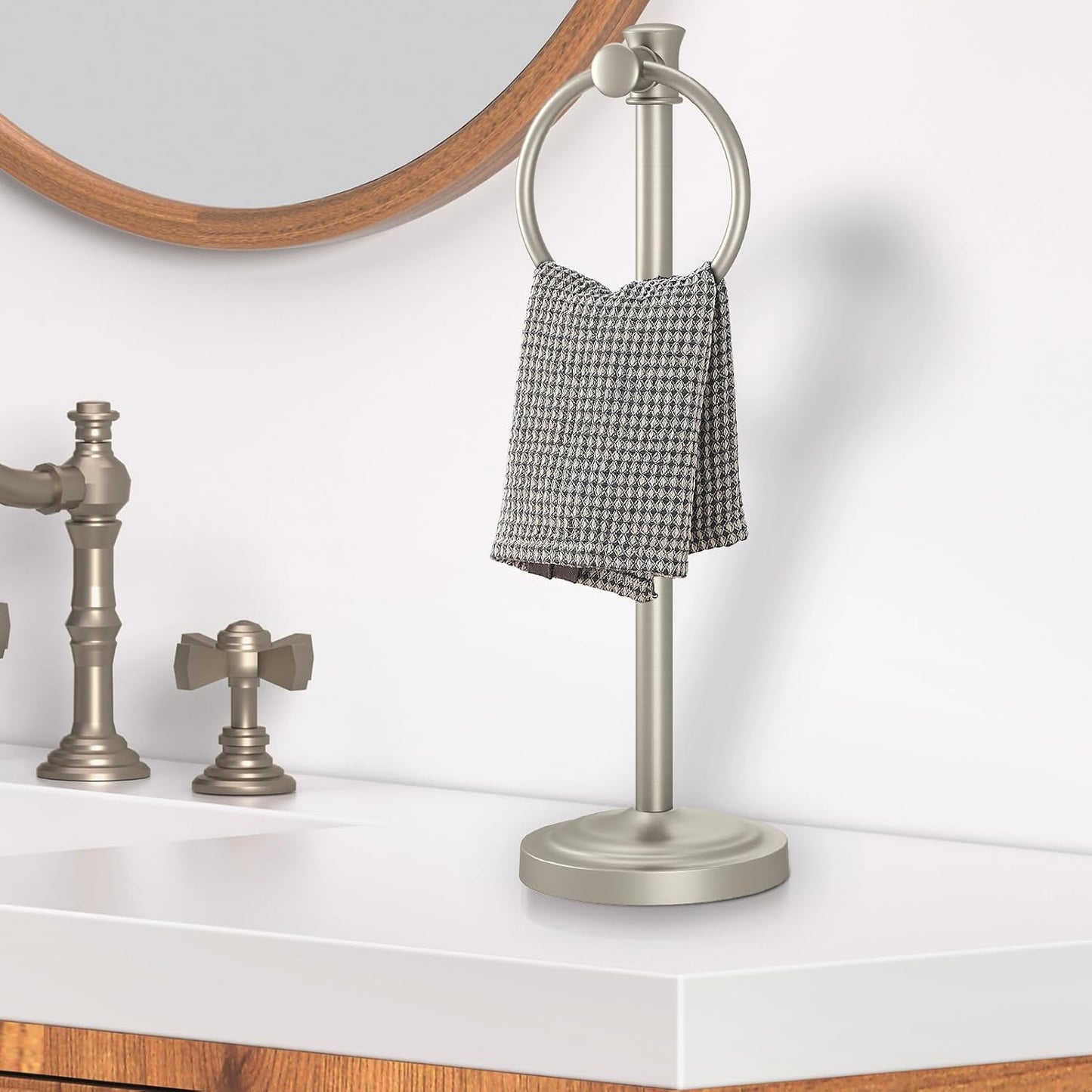 Hoimpro 17 Inch Stand Hand Towel Holder Towel Bar Towel Hanging Ring, Free Standing Floor Hand Towel Rack Storage for Bathroom Kitchen Vanity Countertops, Hardware Accessories(Brushed Nickel)