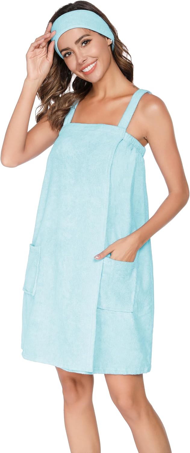 Veseacky Women Bath Wrap Towel for Womens Shower with Pocket Adjustable Spa Robe & Facial Headband