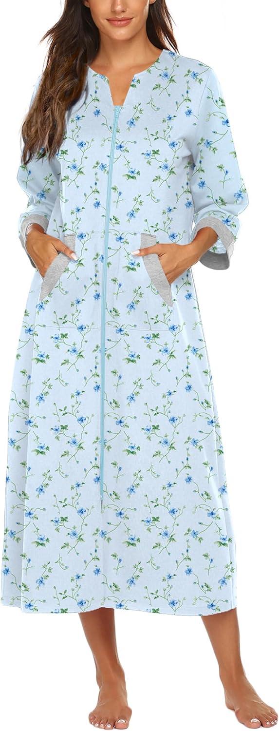 Ekouaer Women Zipper Robe 3/4 Sleeves Loungewear Dress Full Length Sleepwear Pockets Housecoat Nightgown Long Bathrobe