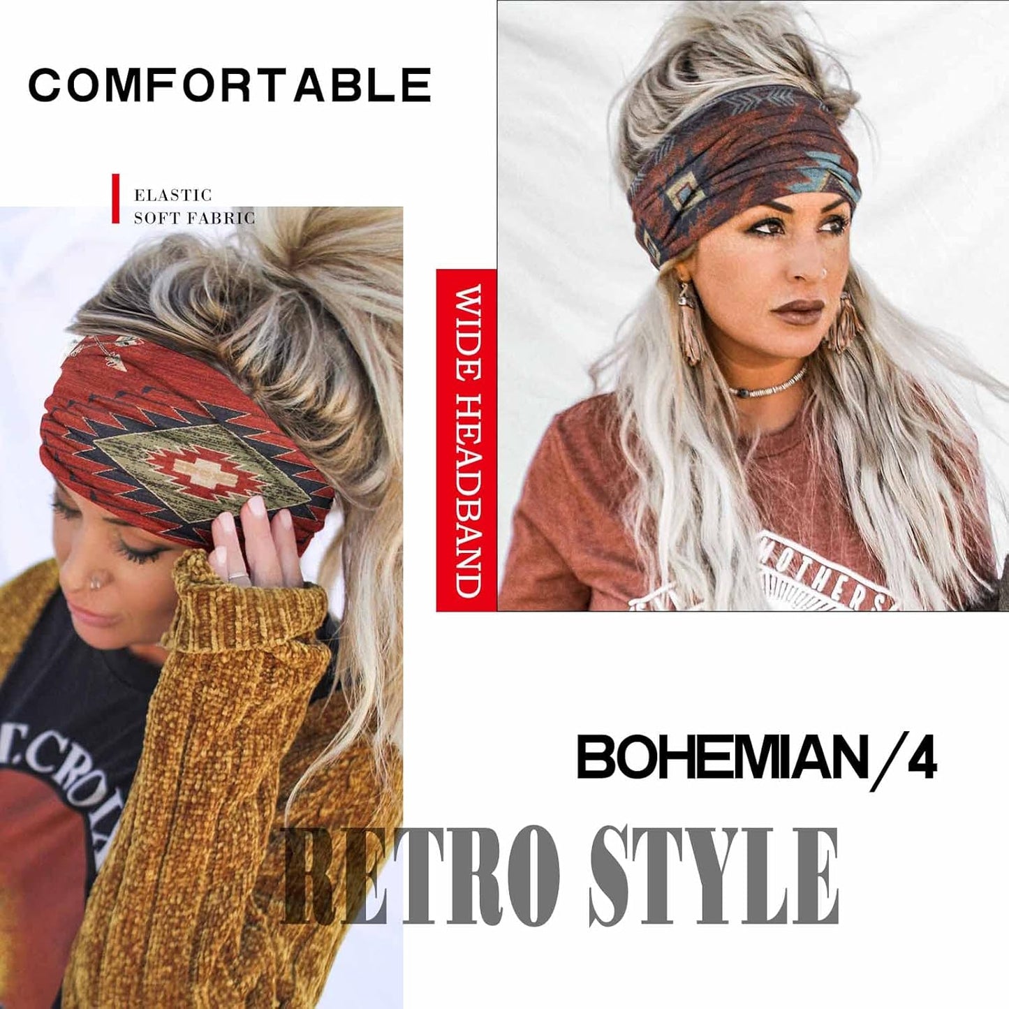 Olbye Wide Boho Headbands Turban Elastic Hairbands Nonslip Floral Bandana Workout Yoga Hair Scarfs Running Sweatband African Bohemian Head Wraps Fashion Hair Accessories for Women (C-Vintage)