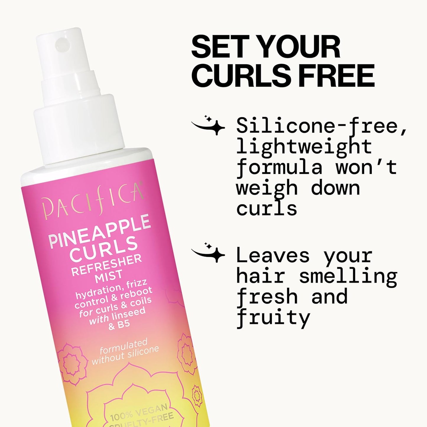 Pacifica Pineapple Curls Refresher Mist - Curl Refresher Spray, with Hyaluronic Acid, Vitamin B5 and Plant Oils, Vegan and Dermatologist Tested Curly Hair Products and Wavy Hair Products - 4 Fl Oz
