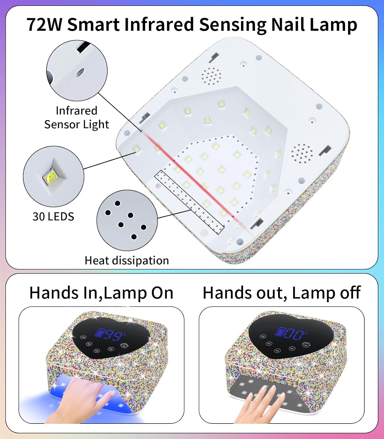 UV Nail Lamp, HUGMAPLE 72W UV Light for Gel Nails, Cordless Rechargeable Diamond Fast Dryer with 5 Timer Setting, Touch Control & Auto Sensor, Professional Led Curing Lamp for Salon & Home