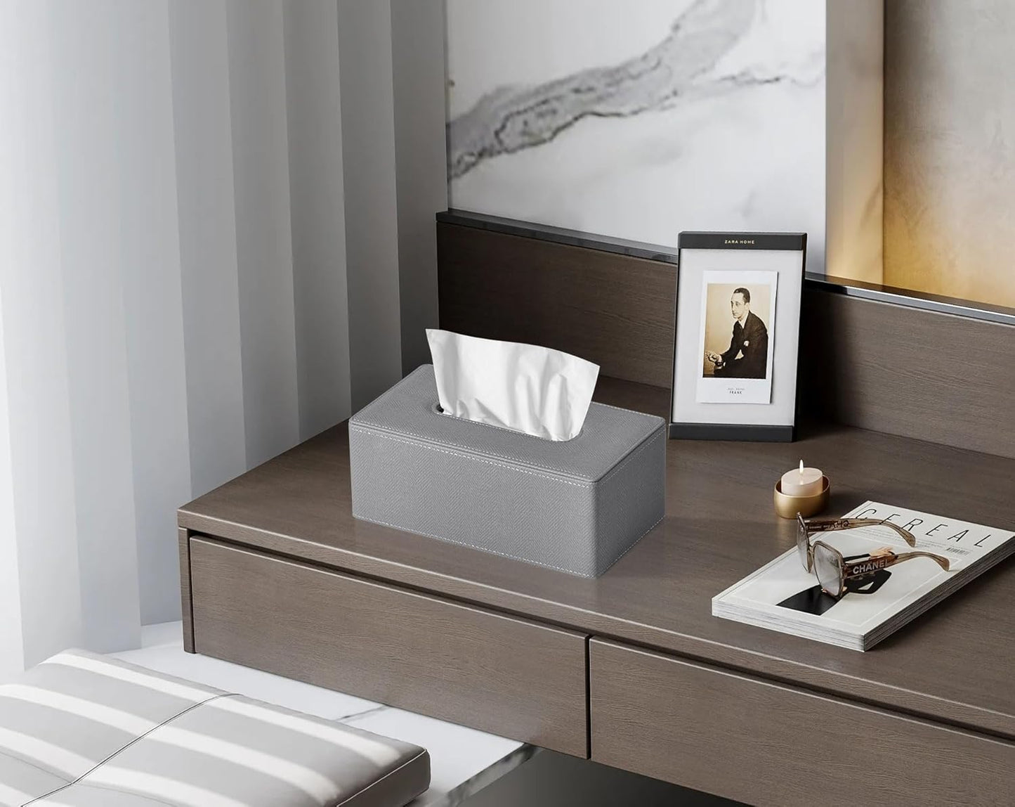 Tissue Box Cover Rectangular 9.8"(L) x 5.3"(W) x 4.3"(H) Refined Modern PU Leather Facial Tissue Dispenser Box Holder for Dresser Bathroom Decorative (Linen Grey)