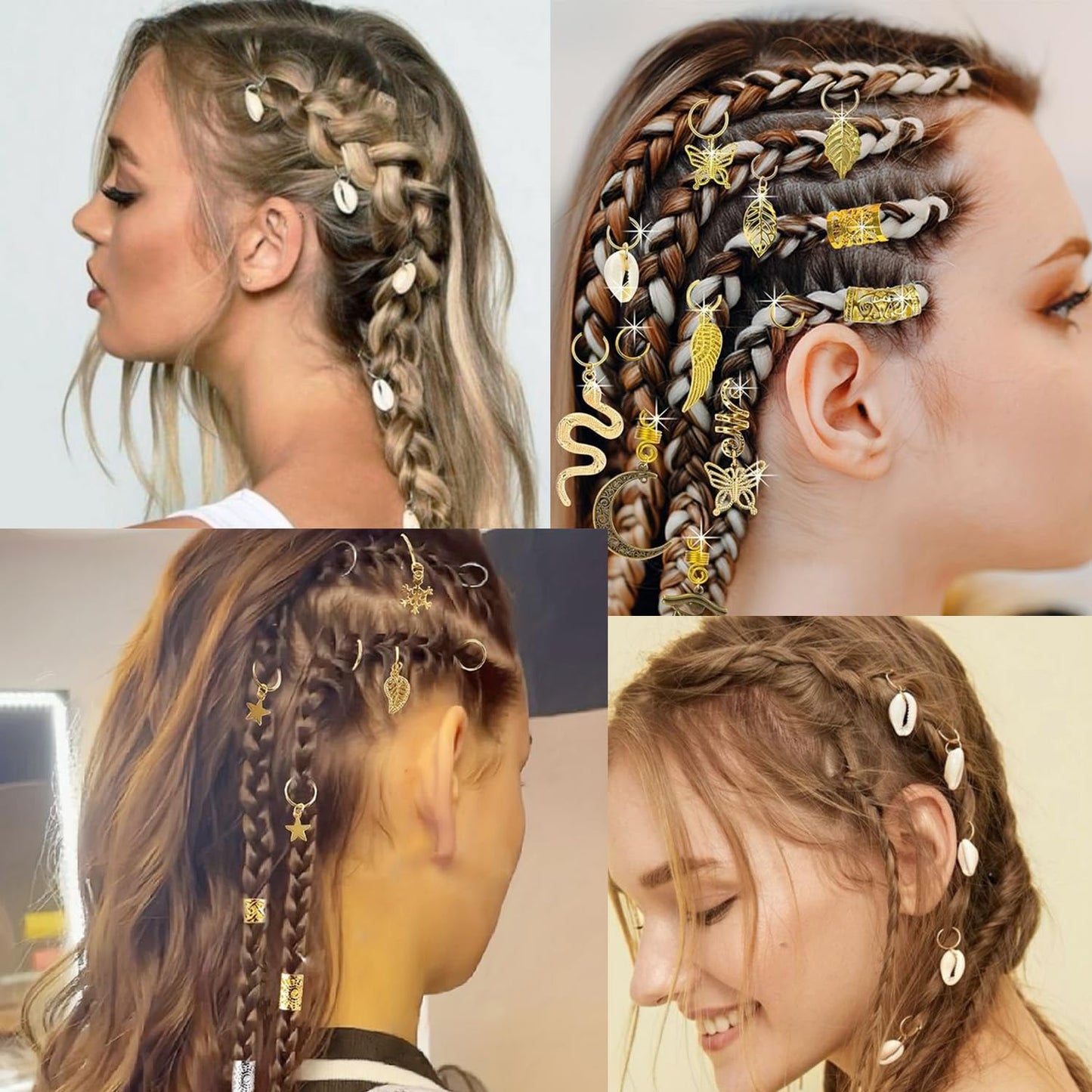 241 PCS Hair Jewelry for Braids and Locs - Metal Gold Silver Clips, Shells, Imitation Wood Beads, Charms, Adjustable Cuffs, Rings for Women and Girls