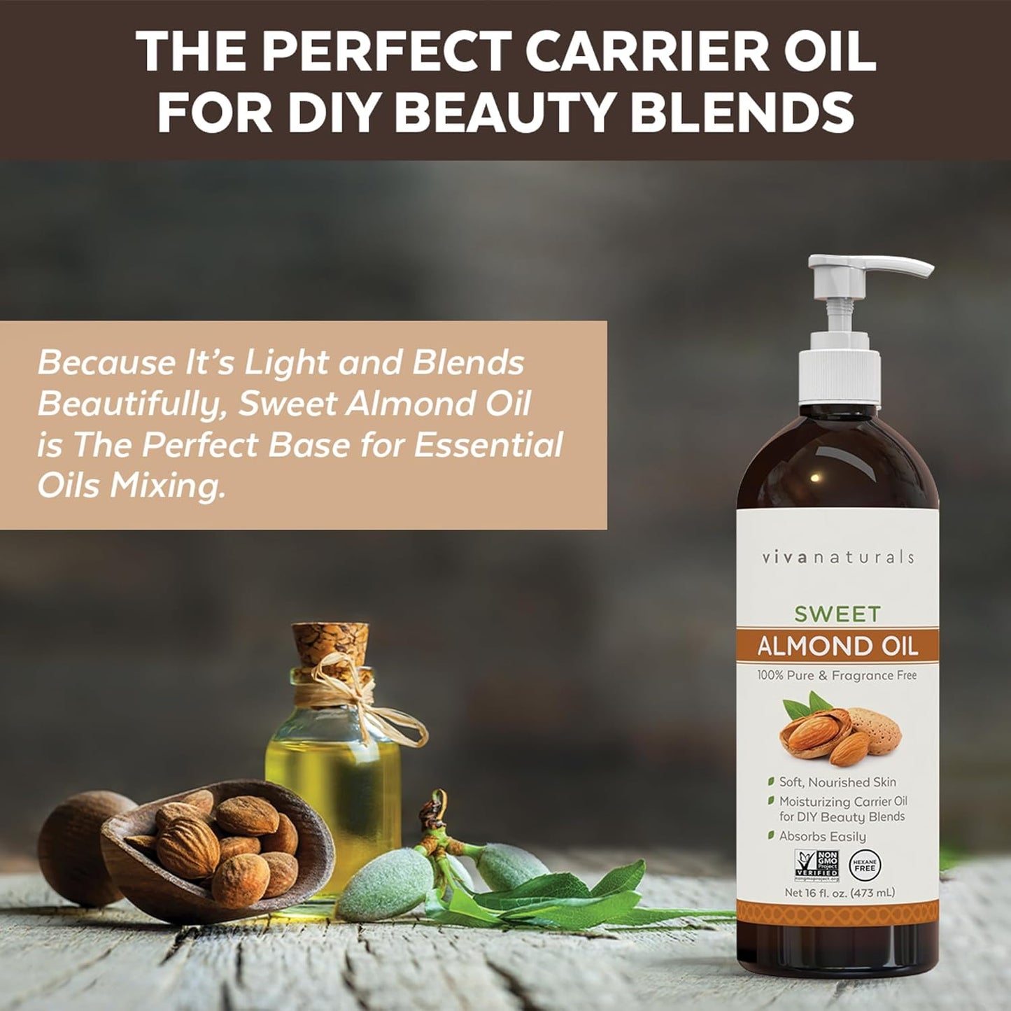 Viva Naturals Sweet Almond Oil for Skin - Body Oil, Hair Moisturizer and Relaxing Massage and Oil, Carrier Oil for Essential Oils Mixing, Non-Greasy Pure Sweet Almond Oil for Hair and Skin, 16 fl oz