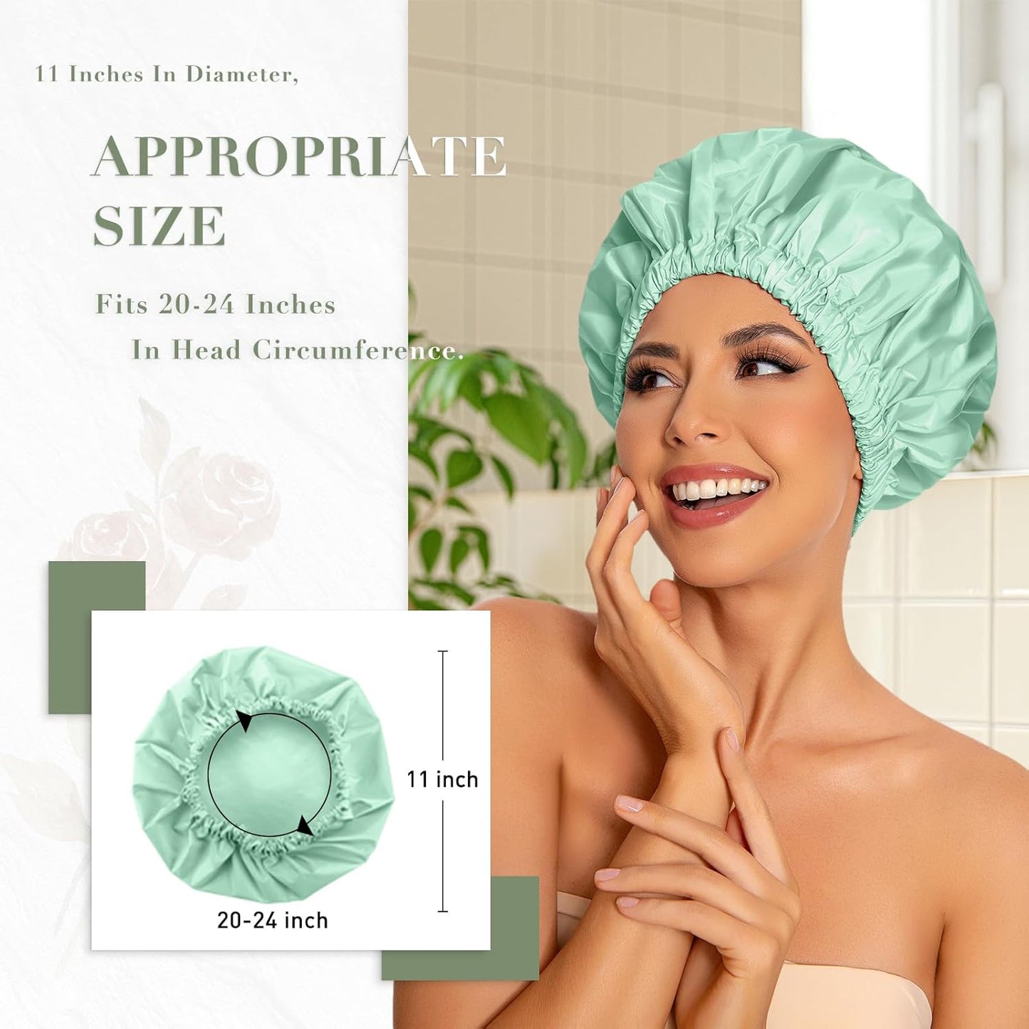 Reusable Shower Cap for Women, Large Waterproof Shower Essentials Bonnet Washable Elastic Band Bath Hair Wrap Hat for Long Hair, Braids(Green Bean)