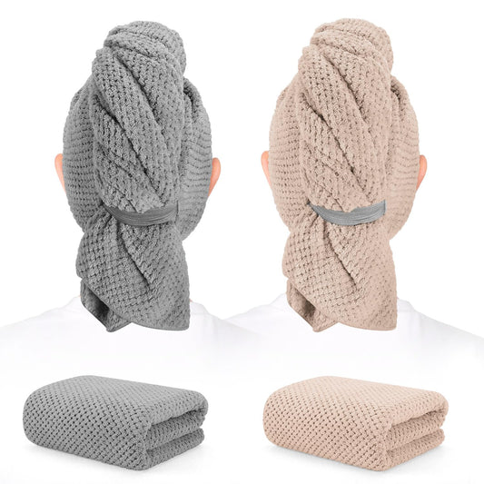 BEoffer 2 Pack Microfiber Hair Towel - 41 x 24 inches Super Soft, Absorbent, Fast Drying Without Frizz Hair Towel Wrap for Women Long, Thick, Curly Hair - Hair Turbans with Elastic Strap