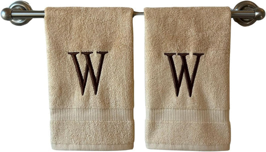 Beige Initial Hand Towel for Bathroom - Monogrammed Luxury Hotel Quality Decorative Embroidered Towel for Powder Room, Spa - GOTS Organic Certified - Set of 2 Brown Letter W