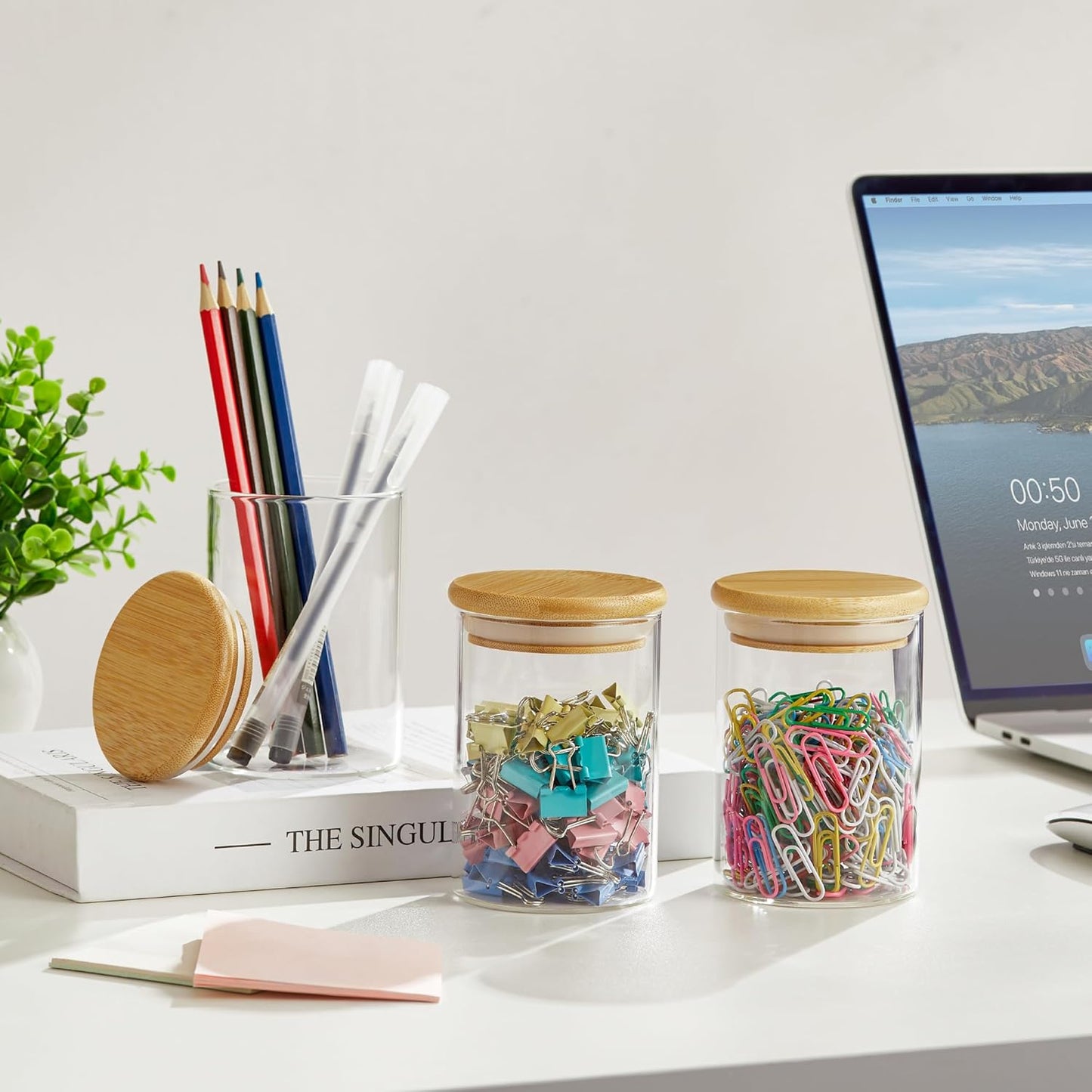 3 Pack Qtip Holder Dispenser - Glass Apothecary Jars with Lids, Cotton Ball Pad Swab Round Holder, Bamboo Bathroom Accessories, Bathroom Organizers Containers Jars Canisters with Lids