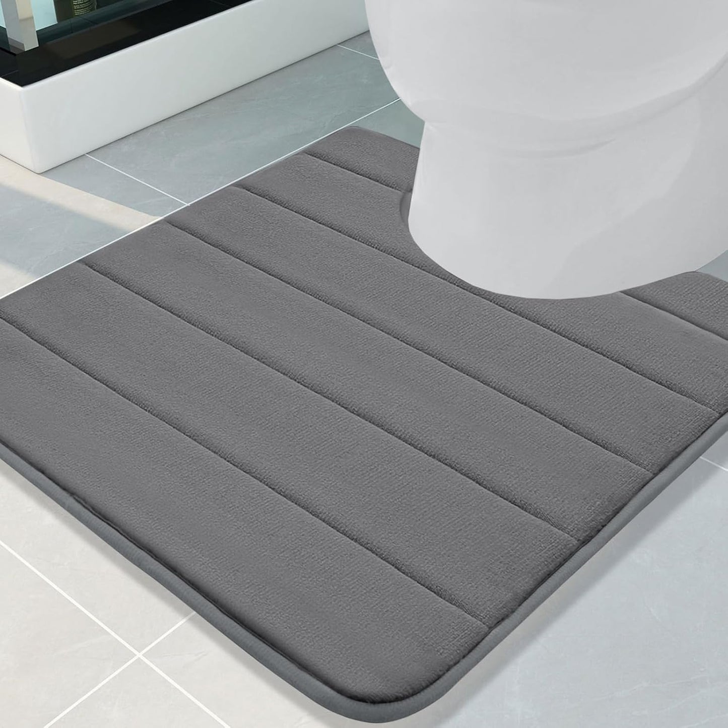 Buganda Memory Foam U-Shaped Contour Toilet Rugs, Non Slip Absorbent, Thick Soft Washable Bathroom Mat, Floor Carpet Bath Rugs Mat for Toilet Base (24" x 24", Grey)