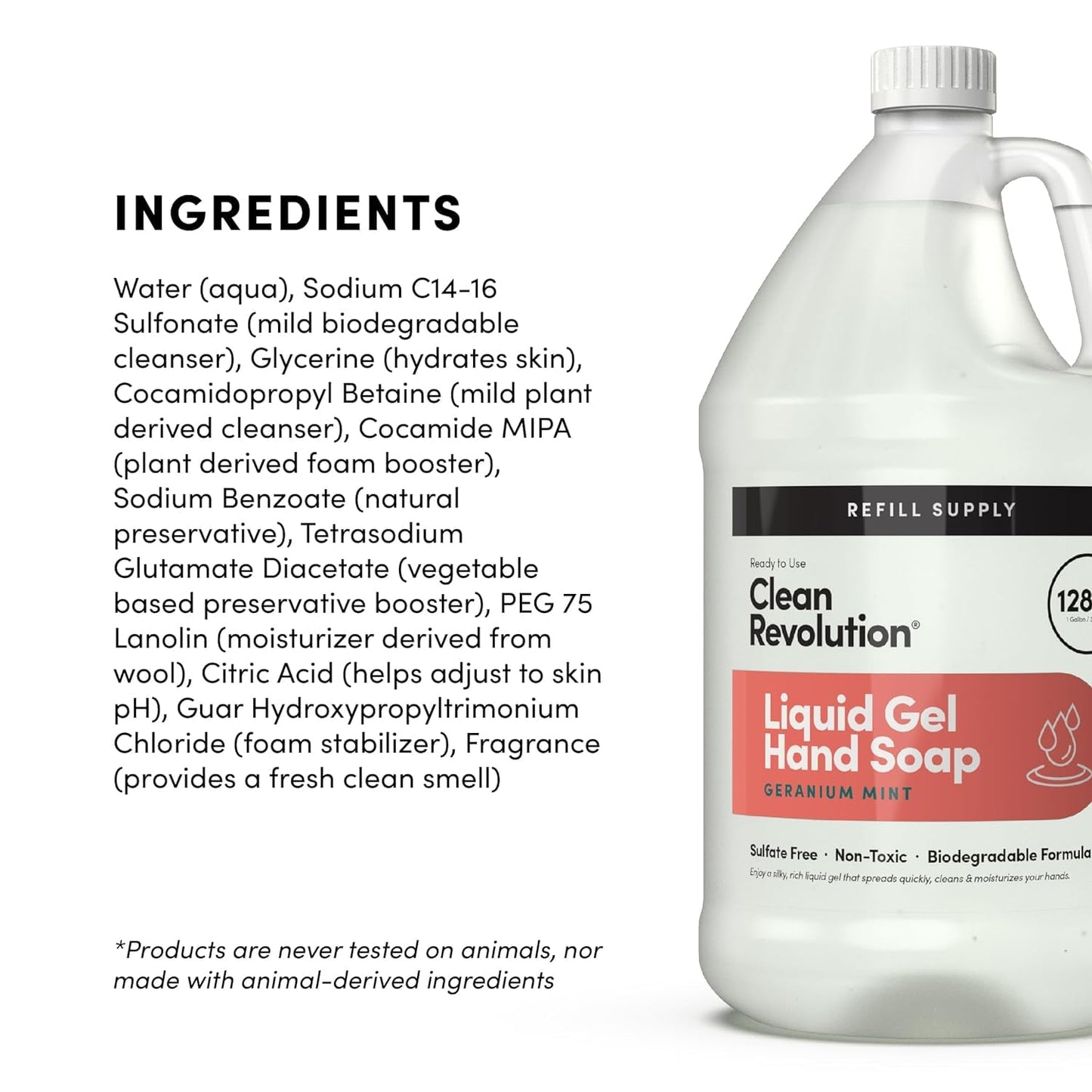 Clean Revolution Liquid Gel Hand Soap, Silky Rich Liquid, Quick Lather, Fast Rinsing, (Geramium Mint) 128 Fl Oz, 4 Pack - Made in USA