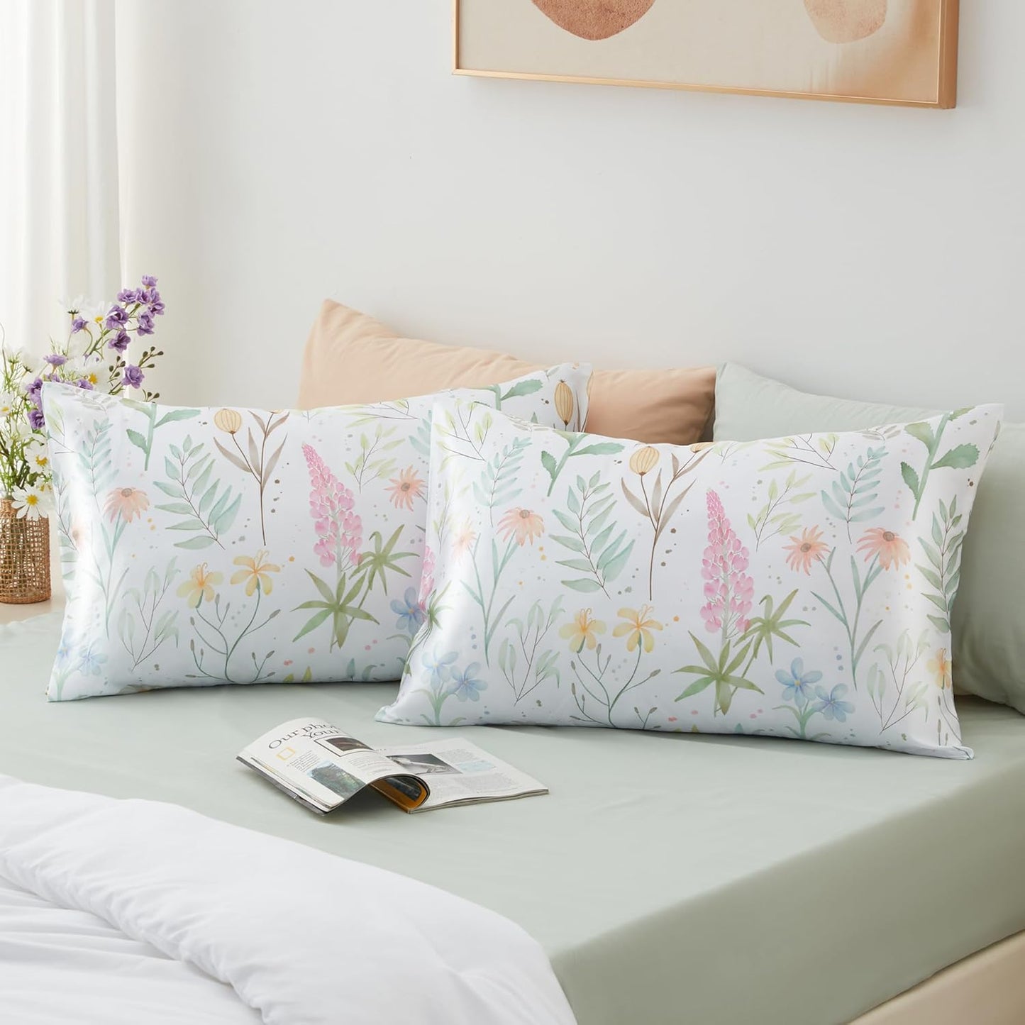 EXQ Home Satin Pillowcase for Hair and Skin- Multicolor Printed Flower Silk Pillowcase 2 Pack 20x40 inches - King Size Pillow Cases with Envelope Closure, Gifts for Women