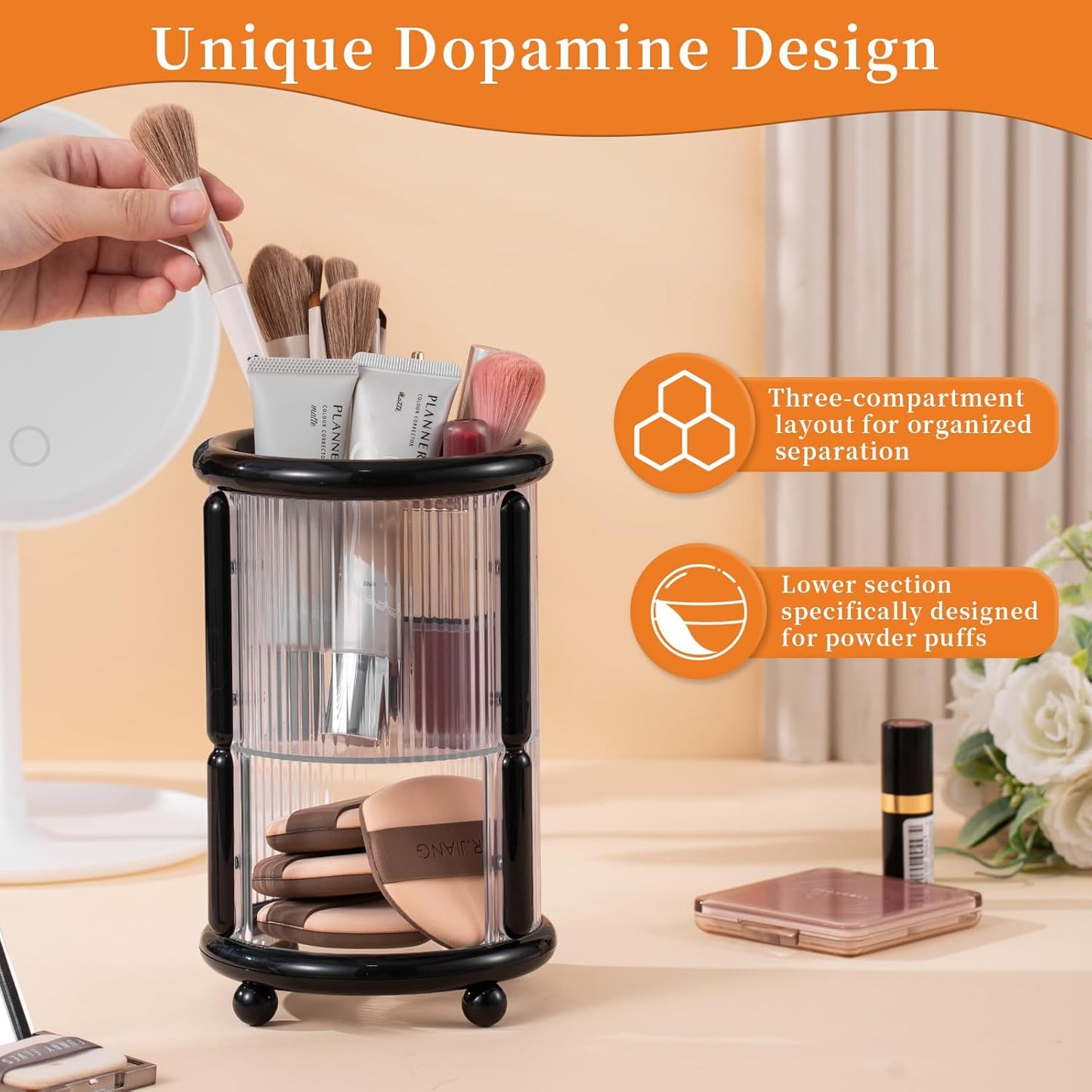 Makeup Brush Holder, 2 Tier Clear Cosmetic Tools Organizer, Round Makeup Organizer for Vanity Countertop (Black)