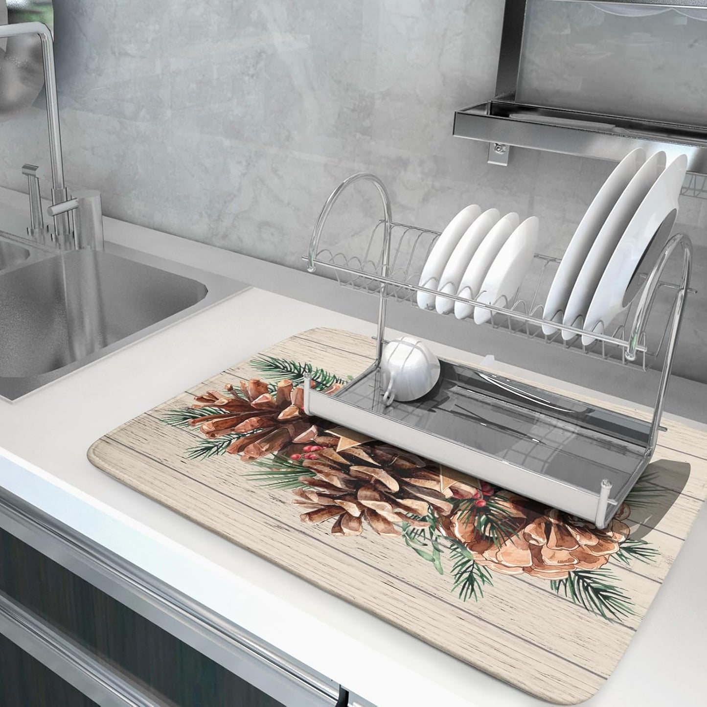 Winter Pine Cone Dish Drying Mat Holly Berries Dish Draining Mat Microfiber Washable Dish Drainer Rack Mat for Home Kitchen Counter 18"x24"