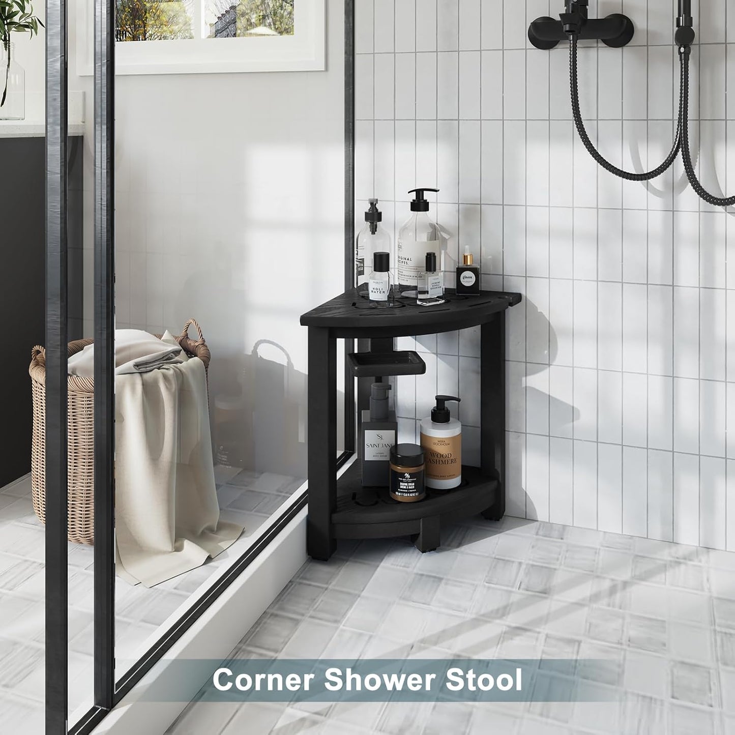 NALONE Corner Shower Stool, HDPE Shower Bench for Inside Shower, Small Shower Chair Seat for Shaving Legs with Storage Shelf, Soap Box and No-Slip Feet (Black)