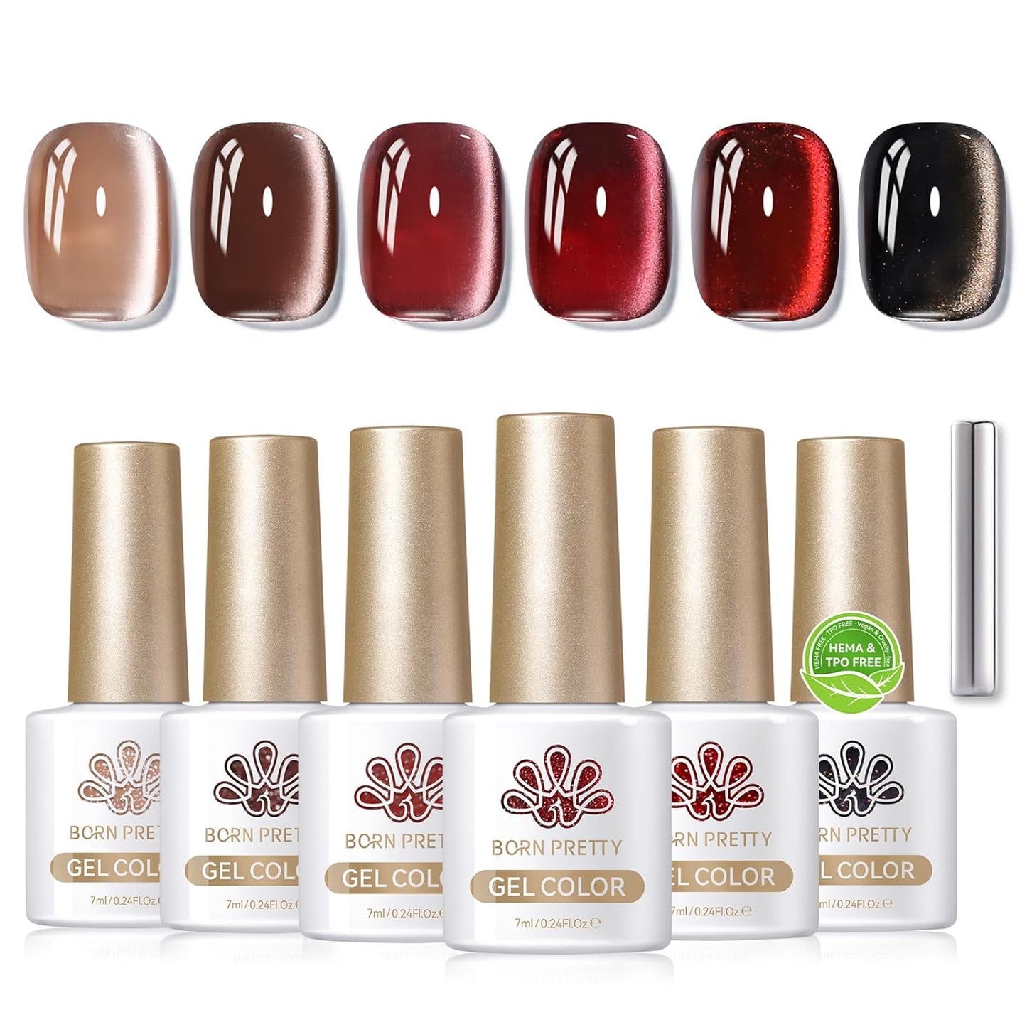 BORN PRETTY Cat Magnetic Eye Gel Nail Polish,Jelly Glass Crystal Brown Burgundy Wine Bloody Red Black Magnetic Gel Polish,Fall Winter Glitter Soak Off Nail Polish Art Salon Manicure Home Gift 7ML 6pcs