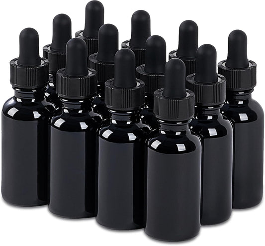 12 Pcs, 1oz Glass Dropper Bottle, Leakproof Tincture Bottles with Dropper, Black Reusable Eye Dropper Bottle for All Kinds of Liquids (Black,1oz-12pcs)