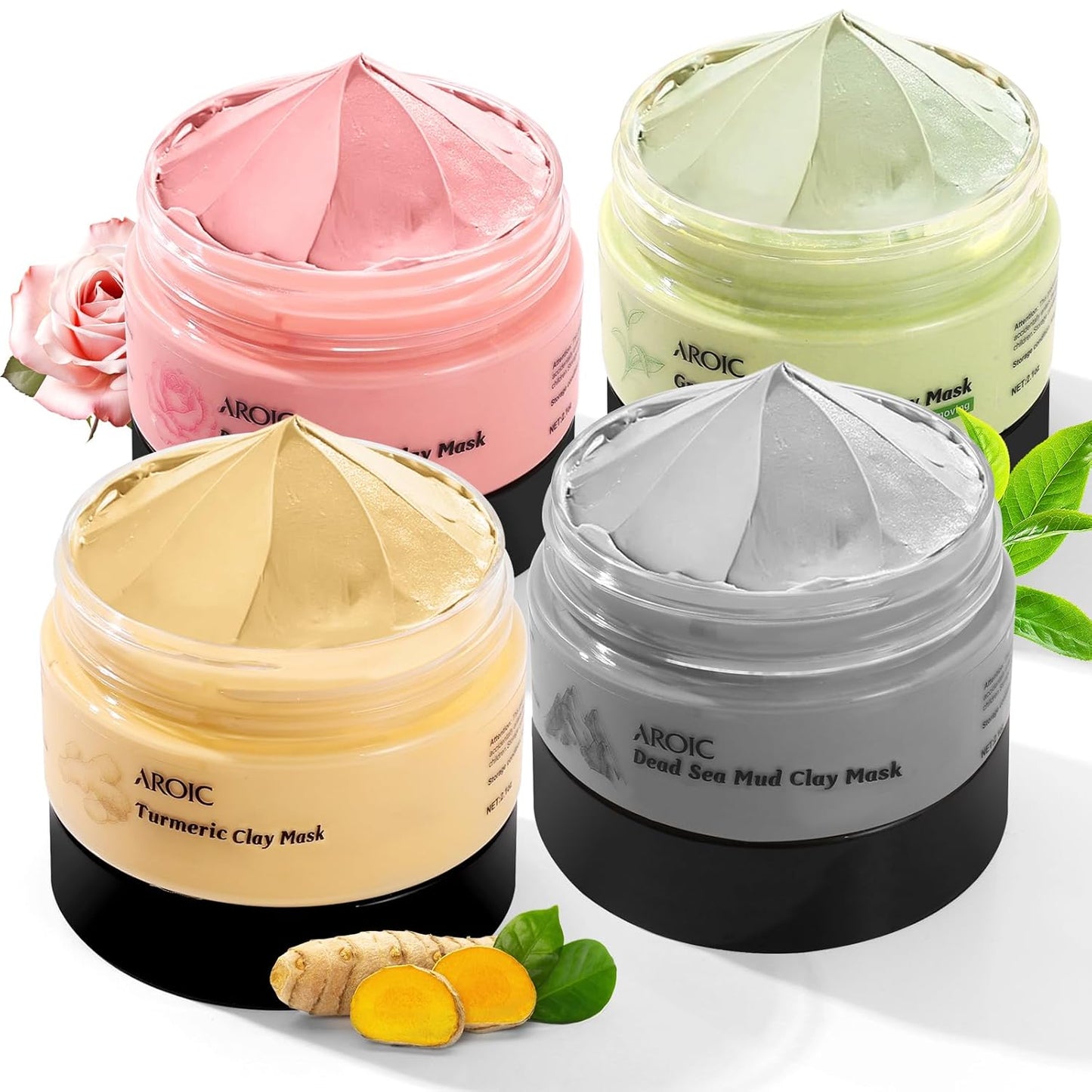 4 Pack Clay Mask, Vitamin C Turmeric Dead Sea Mud Facial Mask, Rose, Green Tea Clay Masque Set - Weekly Self Care Spa Gift for Women and Men, Skincare for Deep Cleansing Pore Minimizing Face Masks