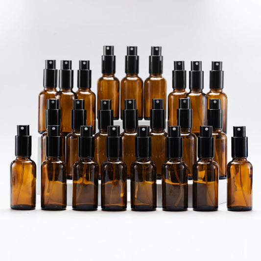 YIZHAO Amber Glass Spray Bottles 1oz, with Small Fine Mist Spray, Metal Cap, Refillable for Essential Oil,Travel,Cleaning,Perfume,Aromatherapy,Makeup – 24 Pcs