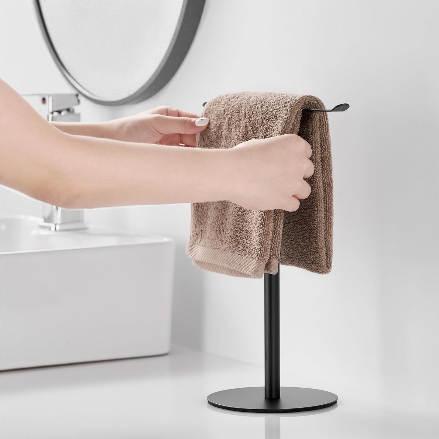 Black Hand Towel Holder Stand – Countertop T-Shaped Stainless Steel Towel Rack with Non-Slip Base for Vanity and Kitchen