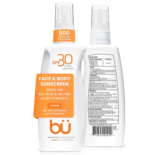 BU SPF 30 Sunscreen Spray for Face and Body, Non Aerosol Spray, Clear WOWmist, TSA Travel Size Sunblock, Oil Free and Water Resistant for Sensitive Skin, Natural Citrus 3.3 oz