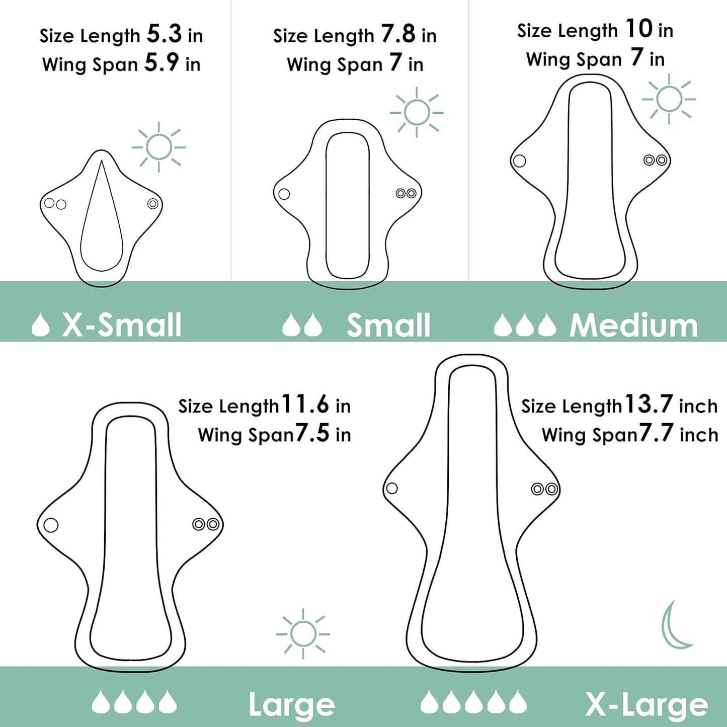 wegreeco 6 Pcs Reusable Menstrual Pads, Ultra Absorbent Cloth Pads for Heavy Flow, Sanitary for Teens, Women, Nonslip, Grey Inner, Black Outer, Medium