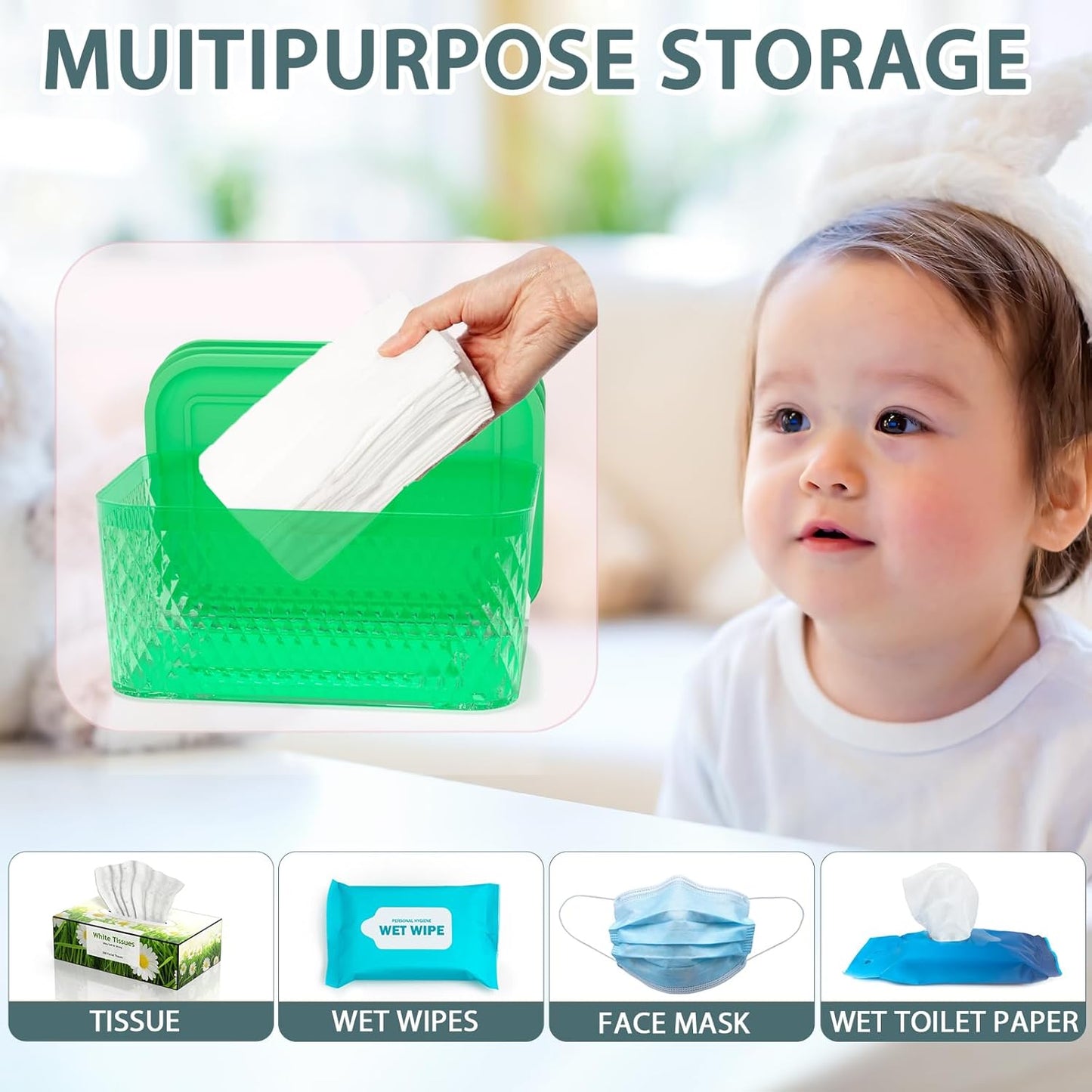 Wipes Dispenser, One-Handed Operation Wipe Holder for Baby & Adult, Seal-Designed Wipes Container for Bathroom Keep Diaper Wipes Fresh (Mint Green)