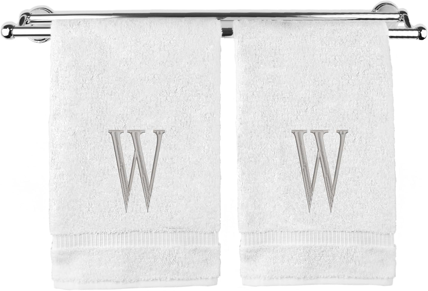 Monogrammed Hand Towel, Personalized Initial Gift, Extra Absorbent 100% Turkish Cotton - Soft Terry Finish - Set of 2 - Silver Block Initial W - Embroidered on White Towels