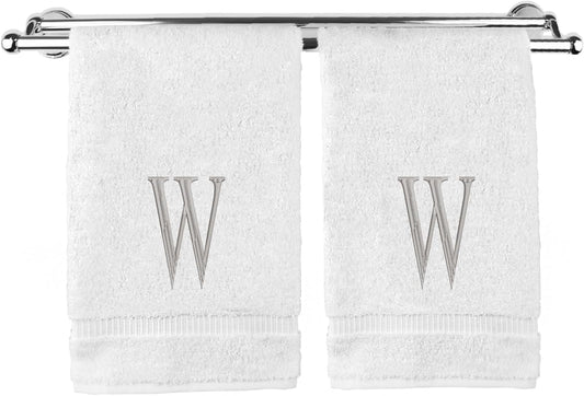 Monogrammed Hand Towel, Personalized Initial Gift, Extra Absorbent 100% Turkish Cotton - Soft Terry Finish - Set of 2 - Silver Block Initial W - Embroidered on White Towels