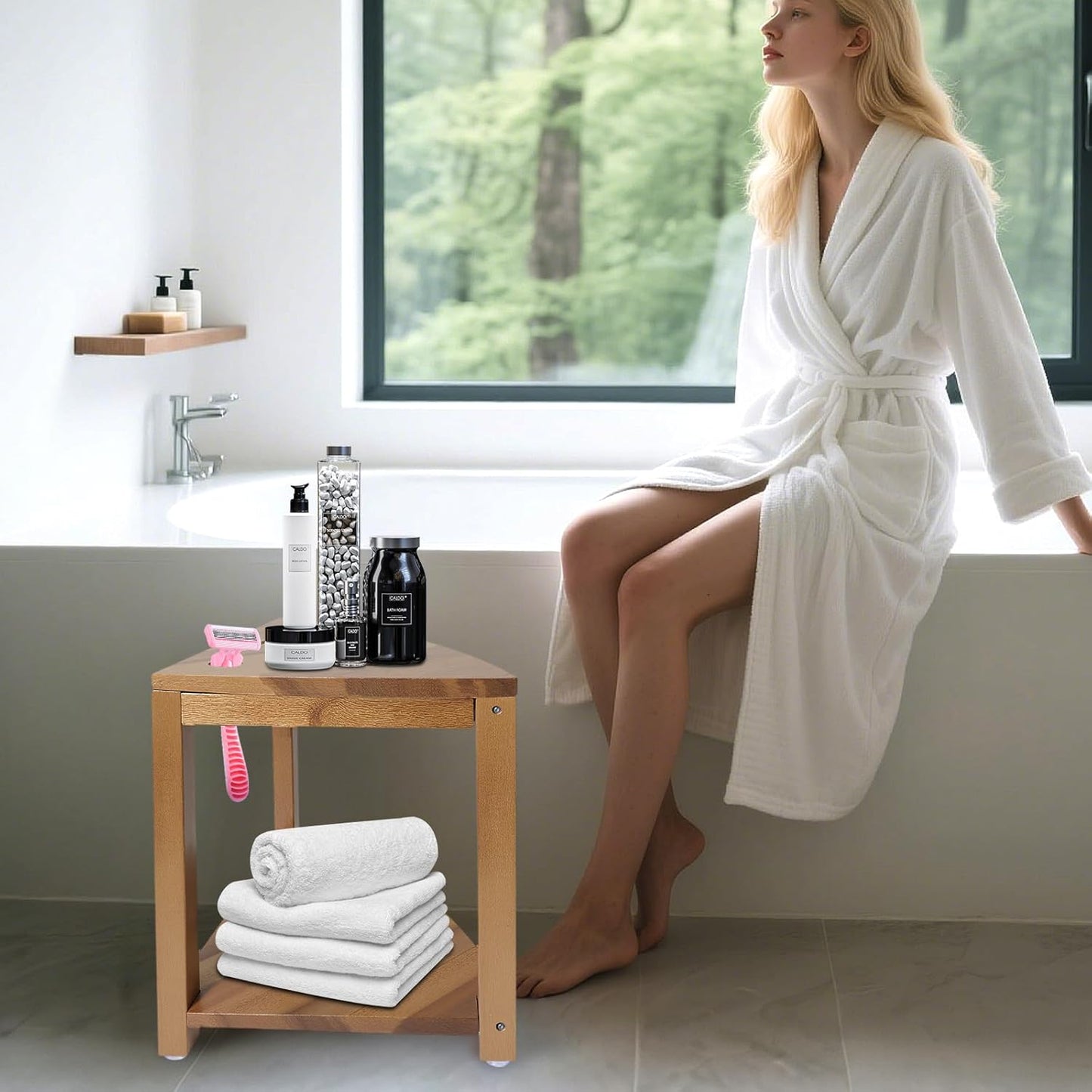 Corner Shower Stool 14.5 in,Shower Foot Rest with Storage Shelf, Shower Shaving Stool for Shaving Legs, Shower Foot Stool for Inside Small Shower Spaces- Acacia Wood Small Shower Stool