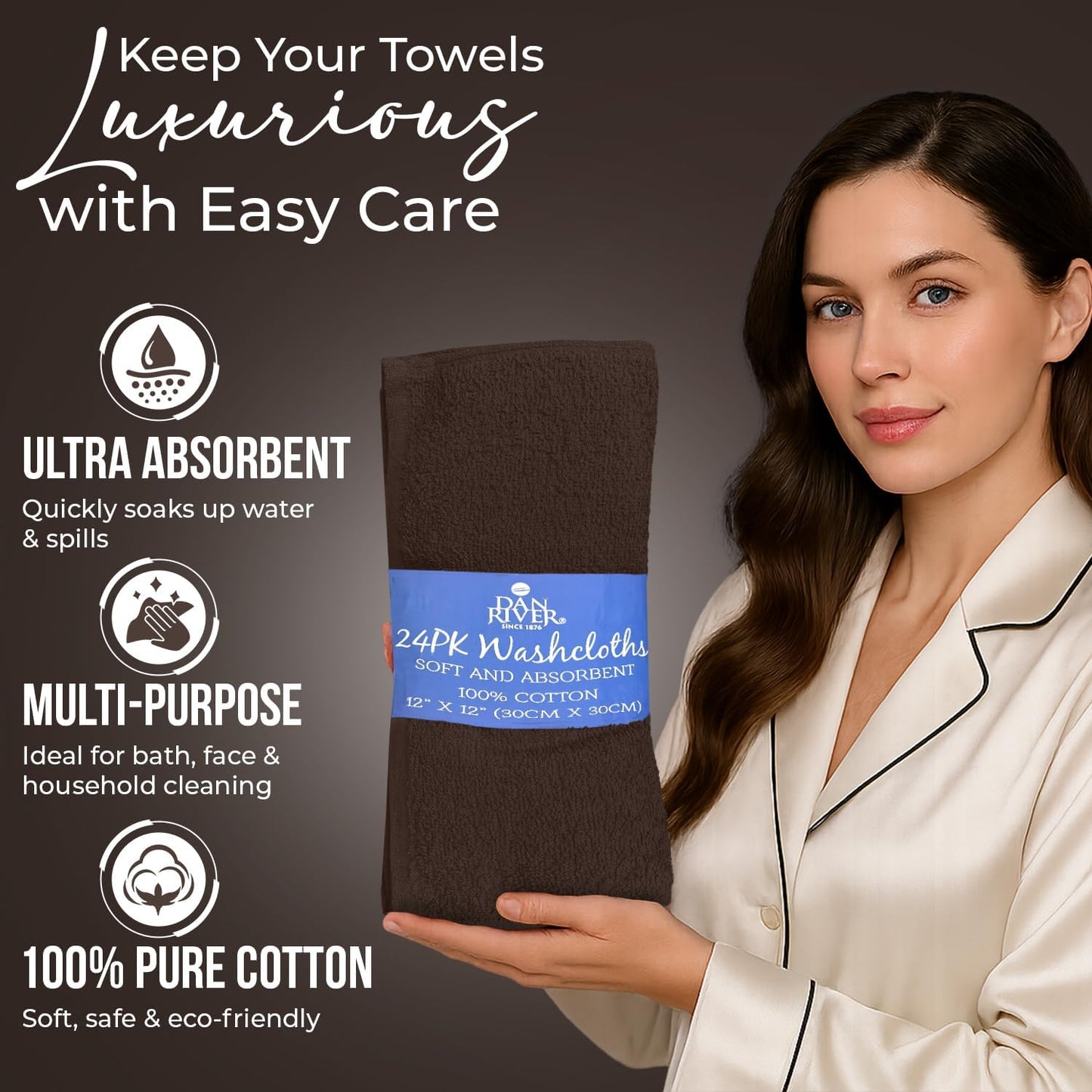 DAN RIVER 100% Cotton Wash Cloths 24 Pack [12x12] Soft & Absorbent Soft washcloths, Gym, Hotels & Spa Perfect for Everyday Use Fingertip Towels, Brown