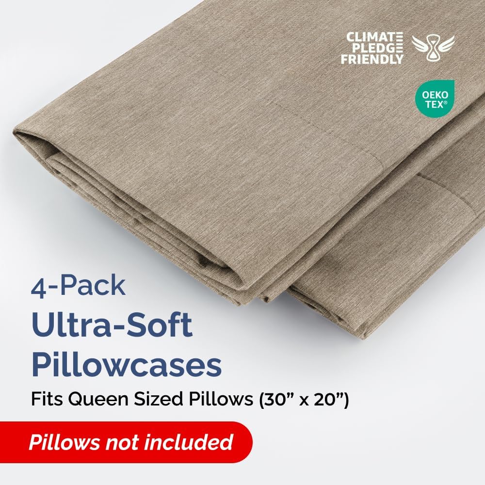 Queen Pillow Cases Set of 4 - Ultra Soft Hotel Quality Pillowcase Covers - Comfy, Cozy & Wrinkle Free - Shrinkage & Fade Resistant - Machine Washable Pillow Protectors - 4 Piece Set - Heathered Beige