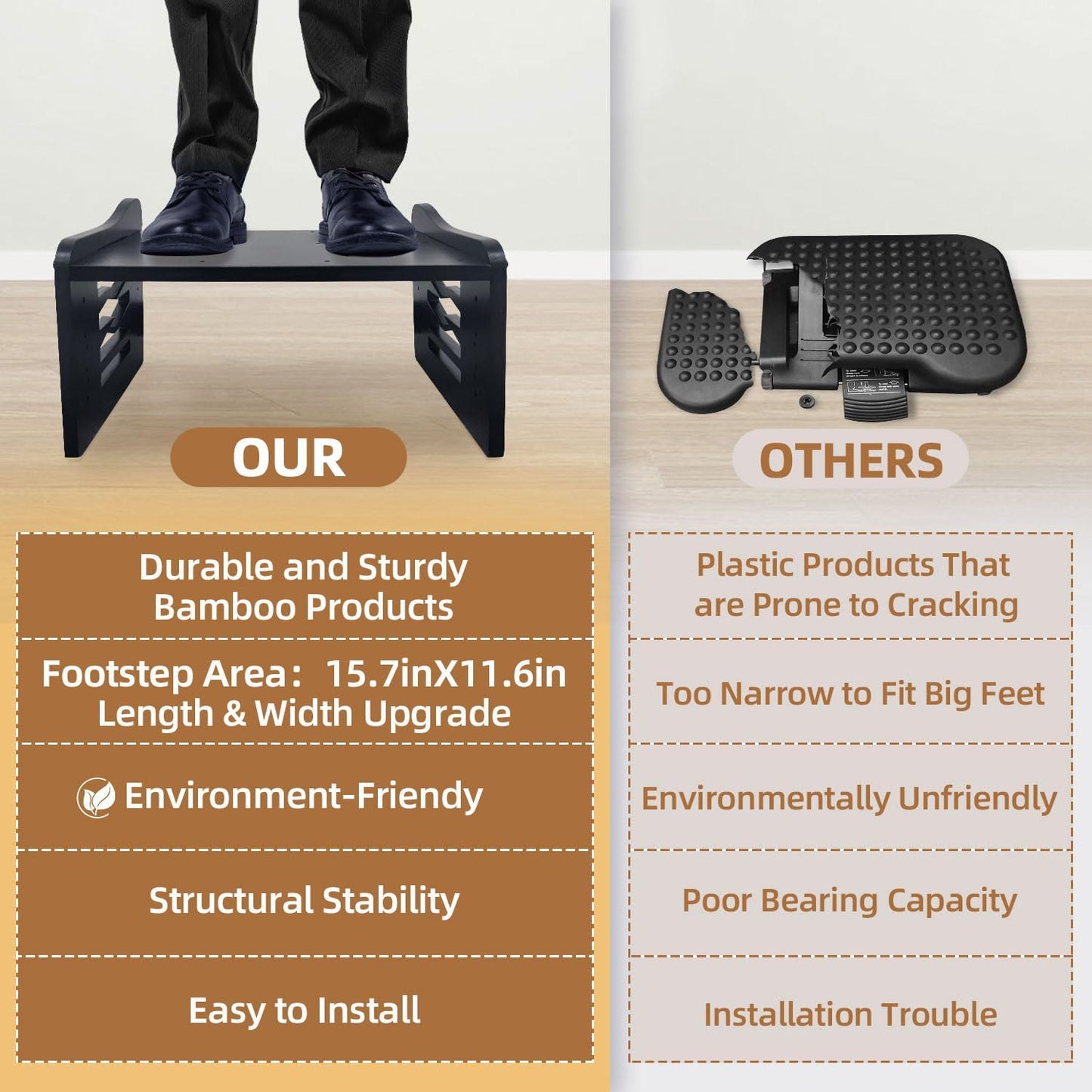 Myplace Bamboo Adjustable Under Desk Footrest, Ergonomic Foot Rest with 7-Level Adjust, Slanted Foot Rest Stool for Home Office Kitchen Bedroom (Black)